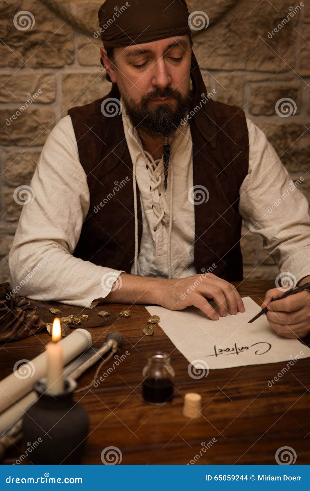 Medieval Man Sitting on a Table and Sign a Contract Stock Photo Image of employment, parchment