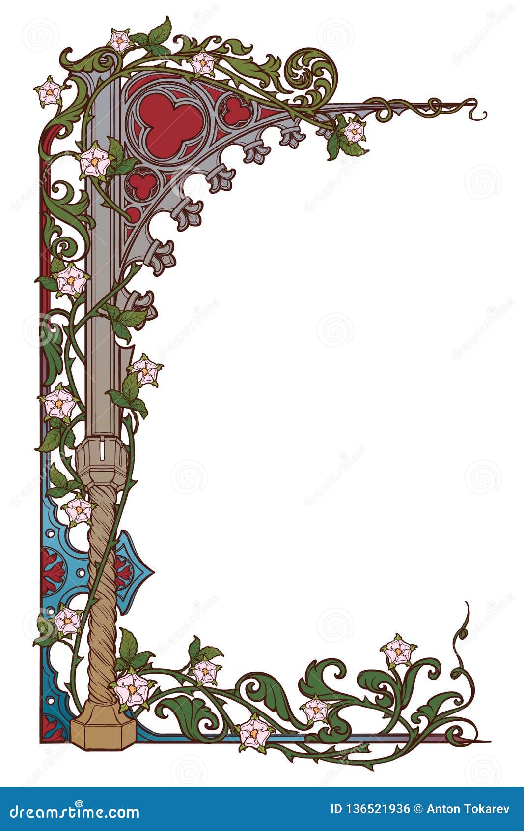 medieval manuscript style rectangular frame. gothic style pointed arch braided with a rose garlands. vertical