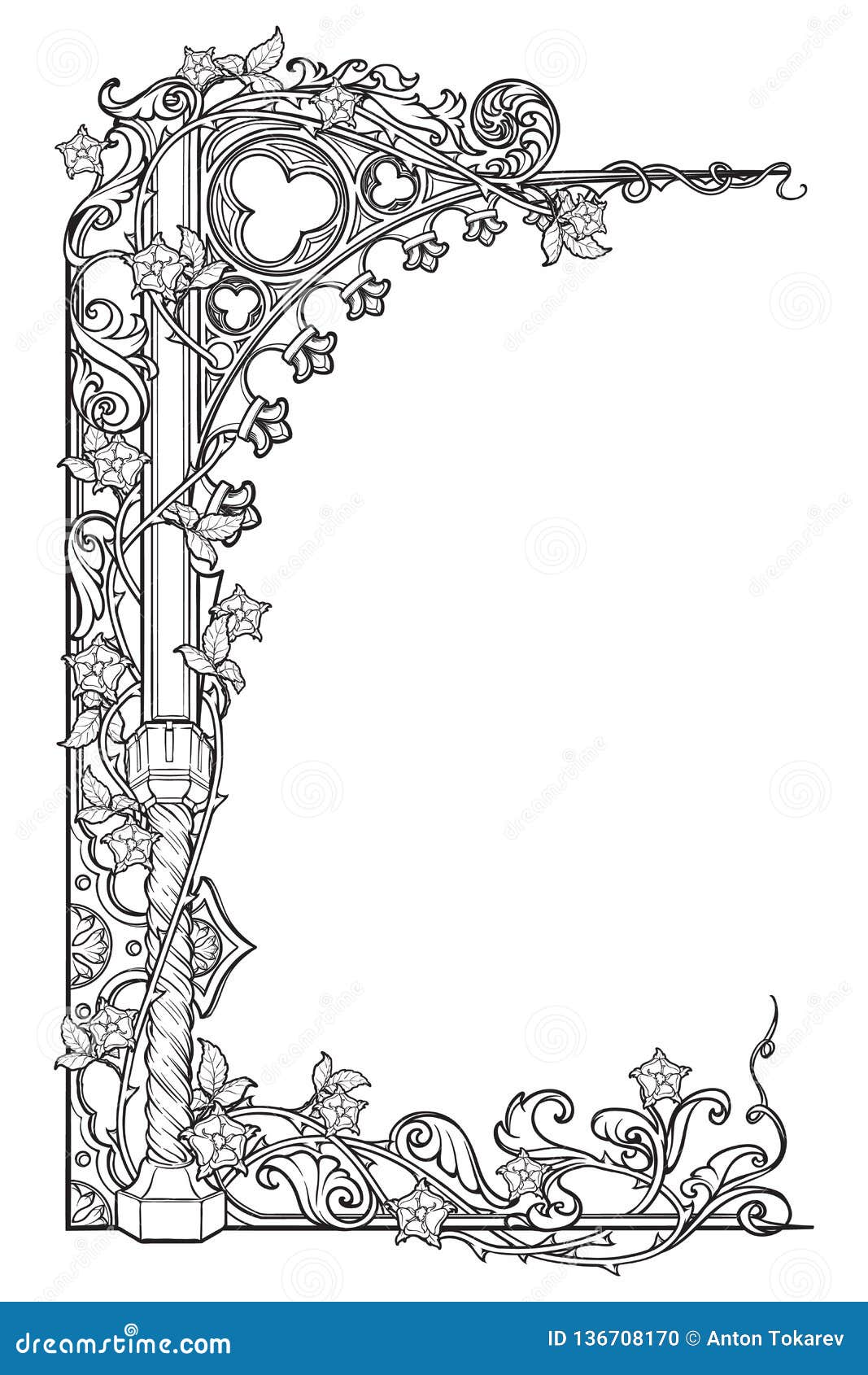 medieval manuscript style rectangular frame. gothic style pointed arch braided with a rose garlands. vertical