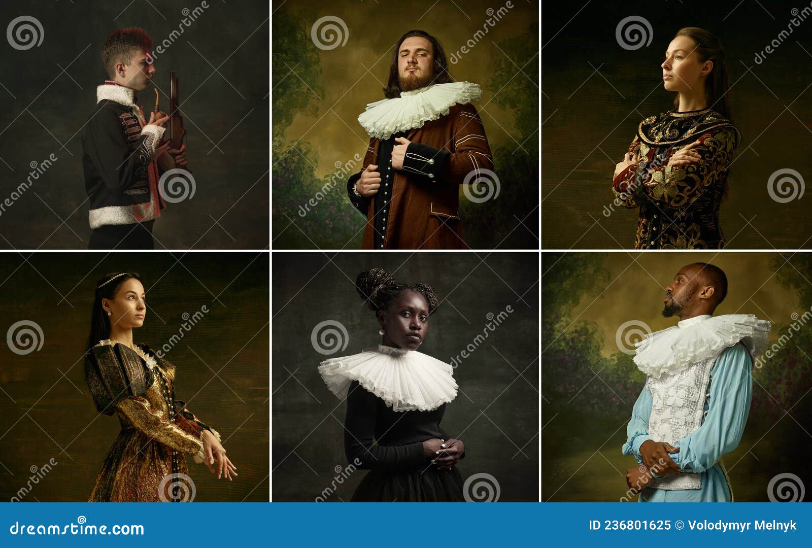 medieval people as a royalty persons in vintage clothing on dark background. concept of comparison of eras, modernity