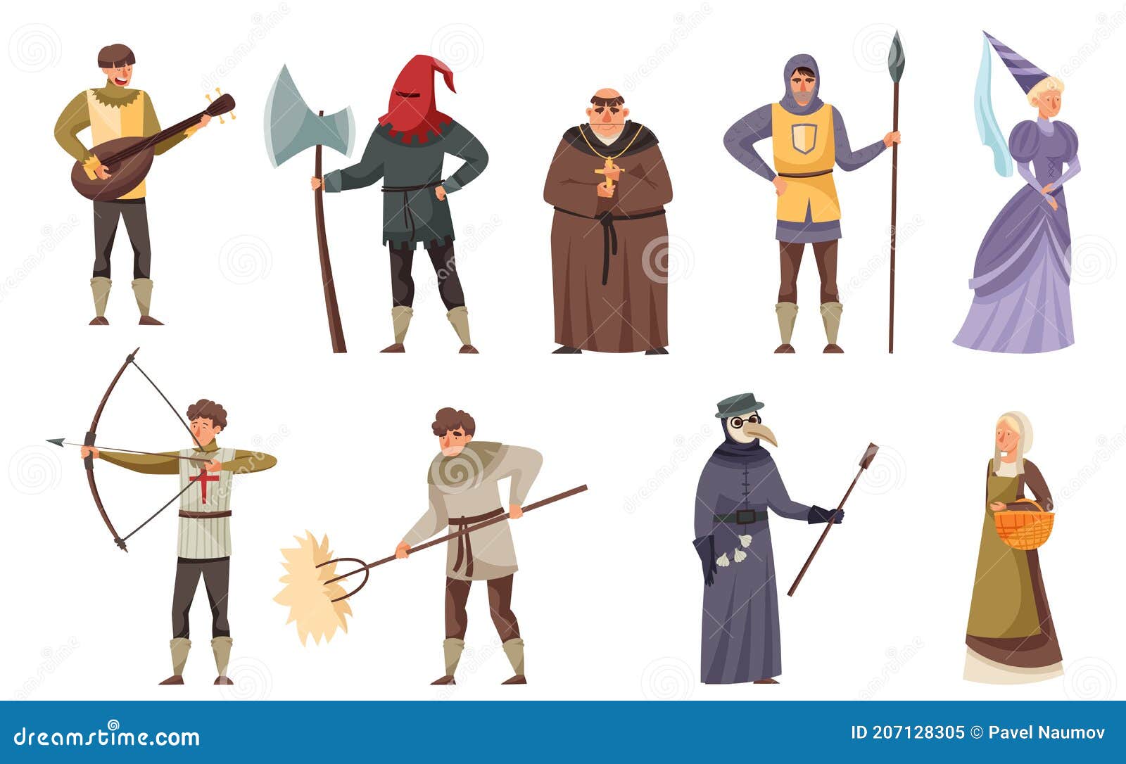 Medieval People Characters with Minstrel Holding Lute, Headsman and
