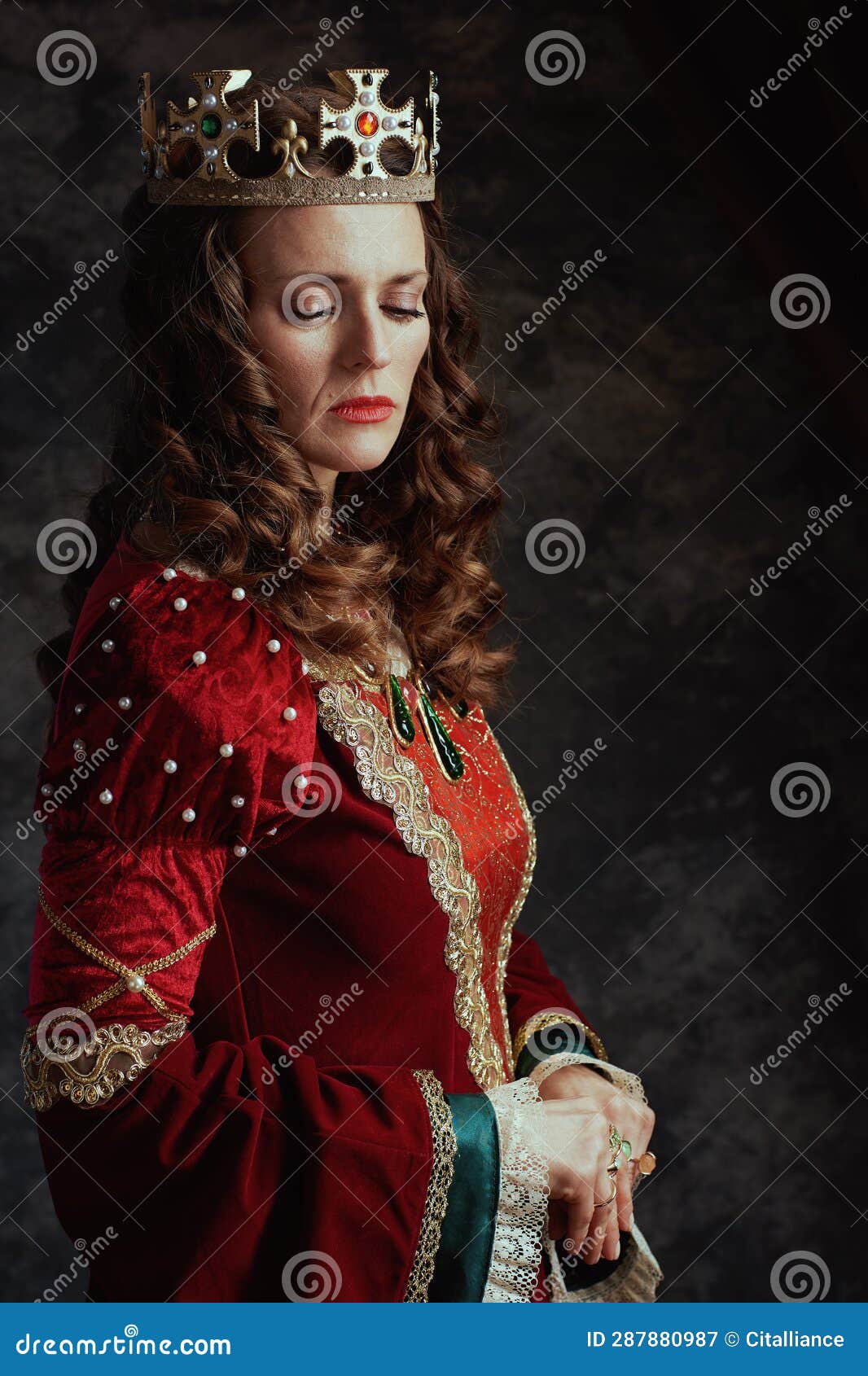 Medieval Queen in Red Dress with Crown Stock Image - Image of white ...