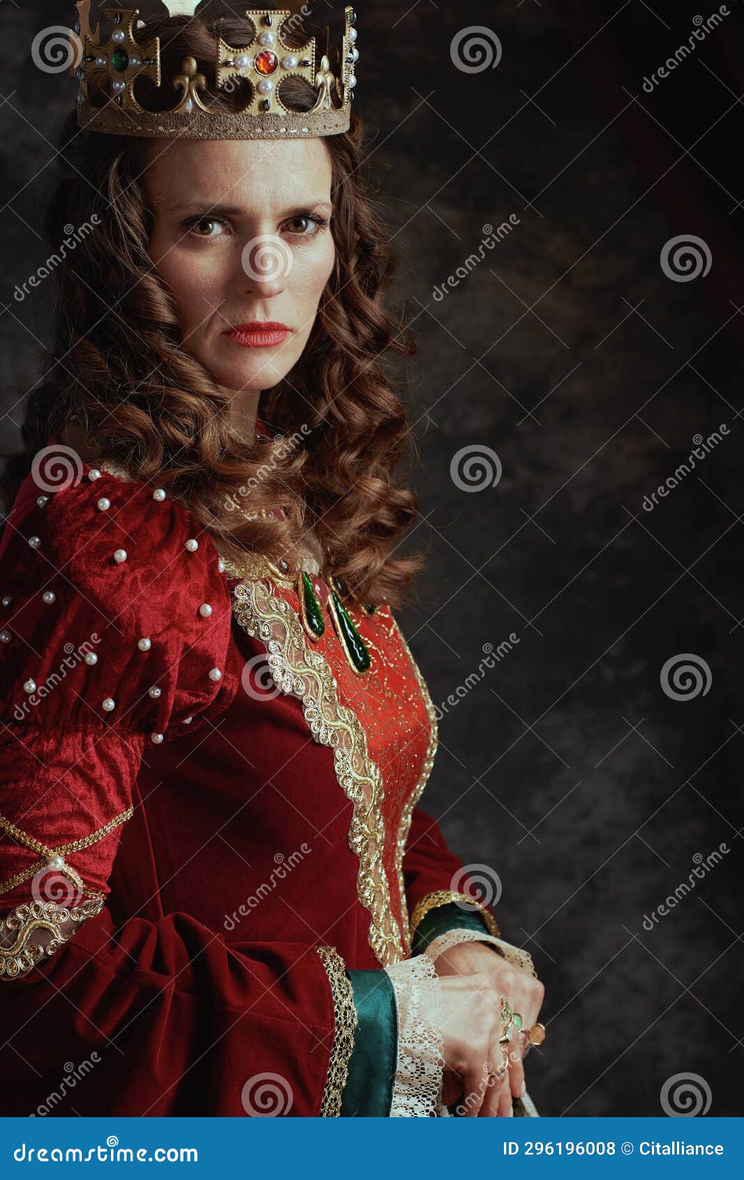 Medieval Queen in Red Dress with Crown Stock Photo - Image of headwear ...