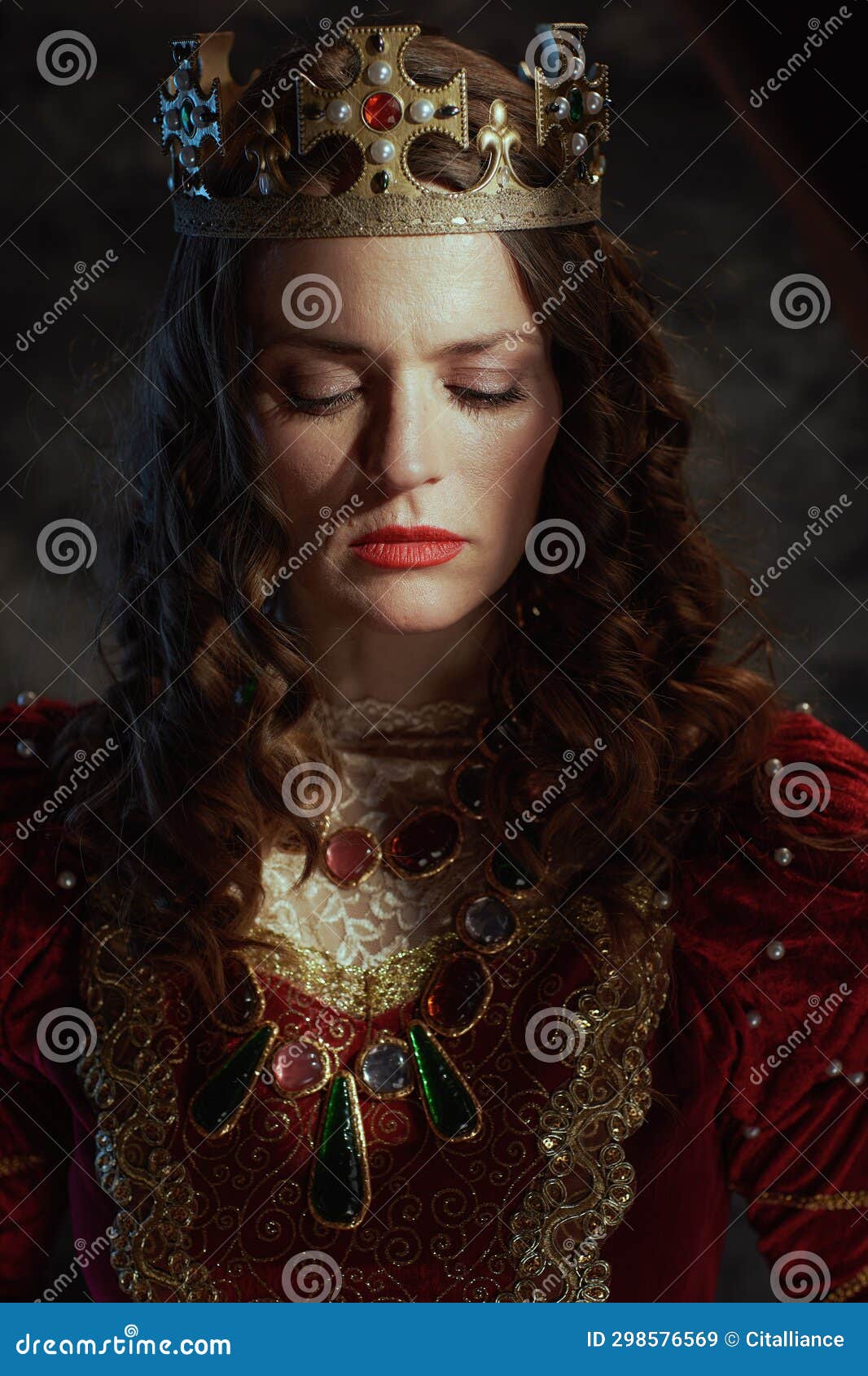Medieval Queen in Red Dress with Crown Stock Image - Image of halloween ...