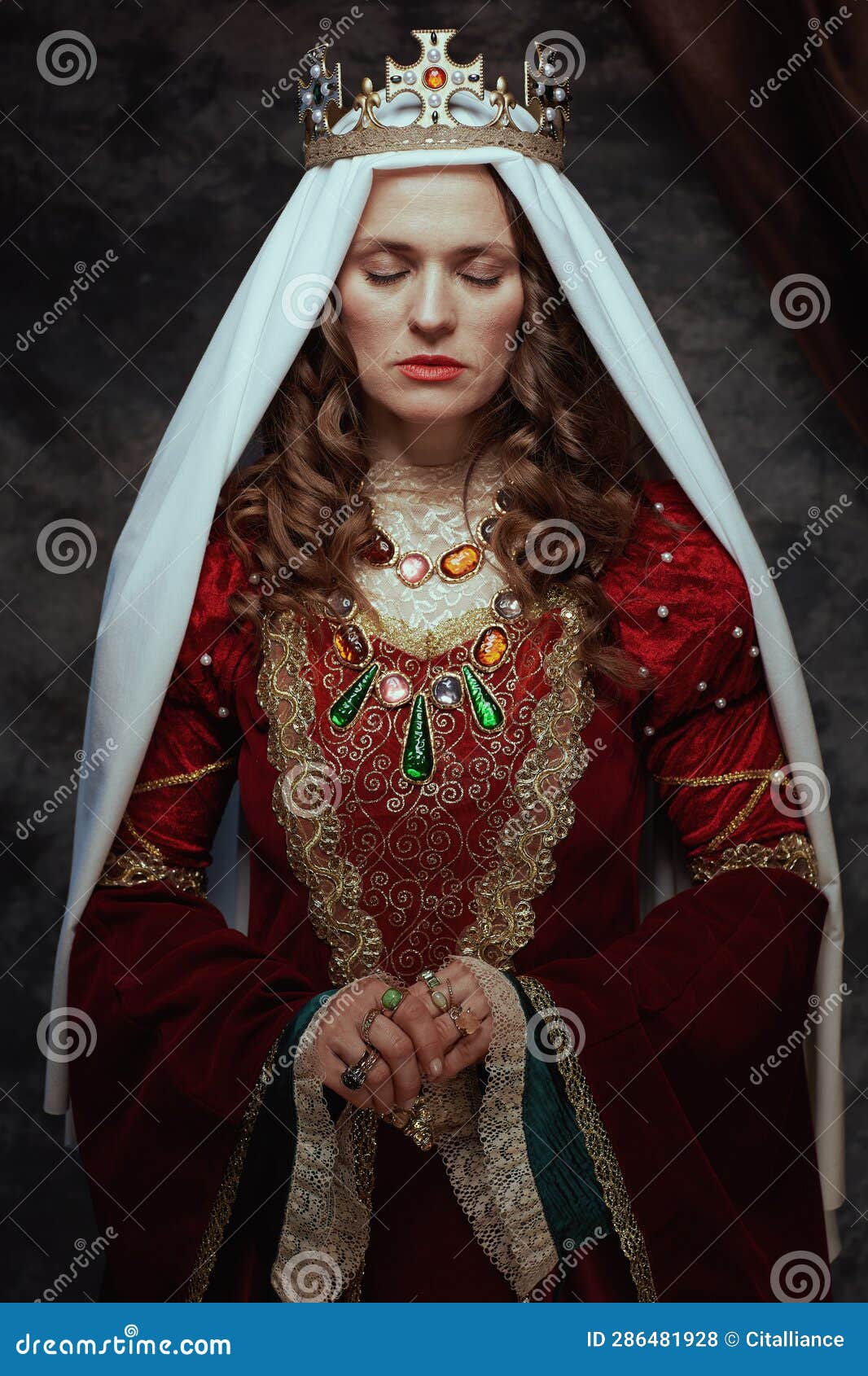 Medieval Queen in Red Dress with Veil and Crown Stock Photo - Image of ...