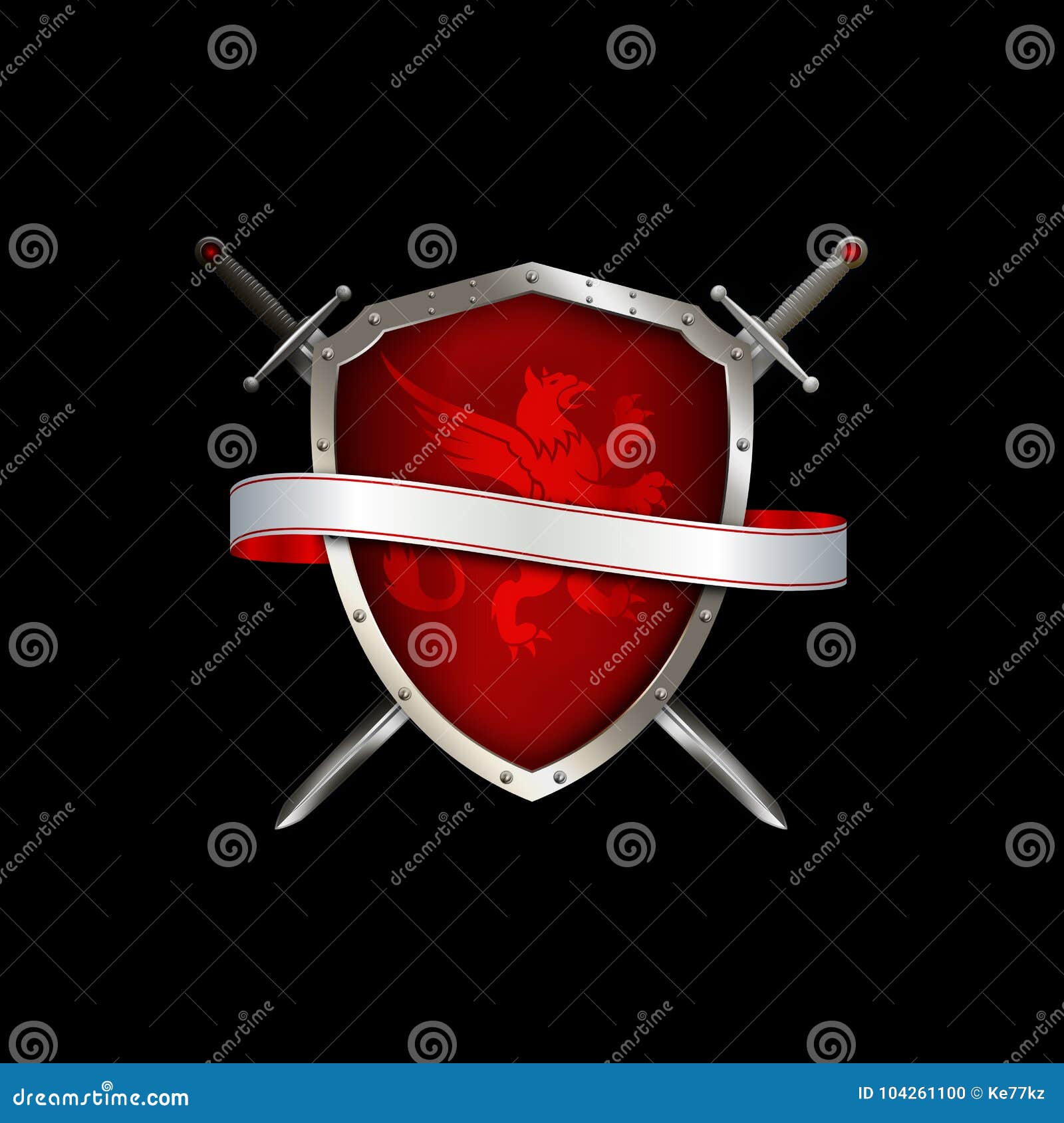 Medieval Red Shield with Swords and Ribbon. Stock Illustration
