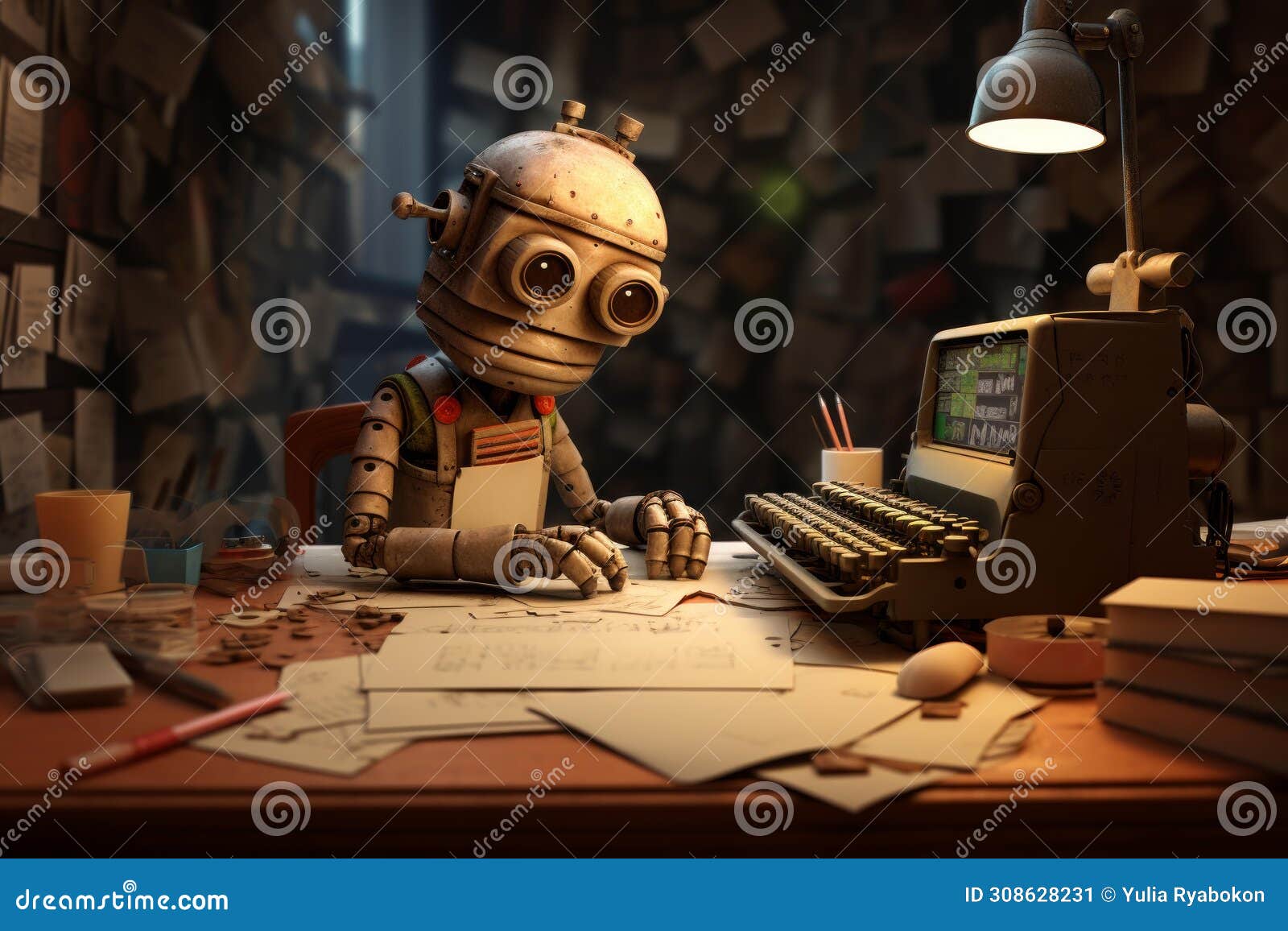 medieval robot redactor working at typewriter. generate ai