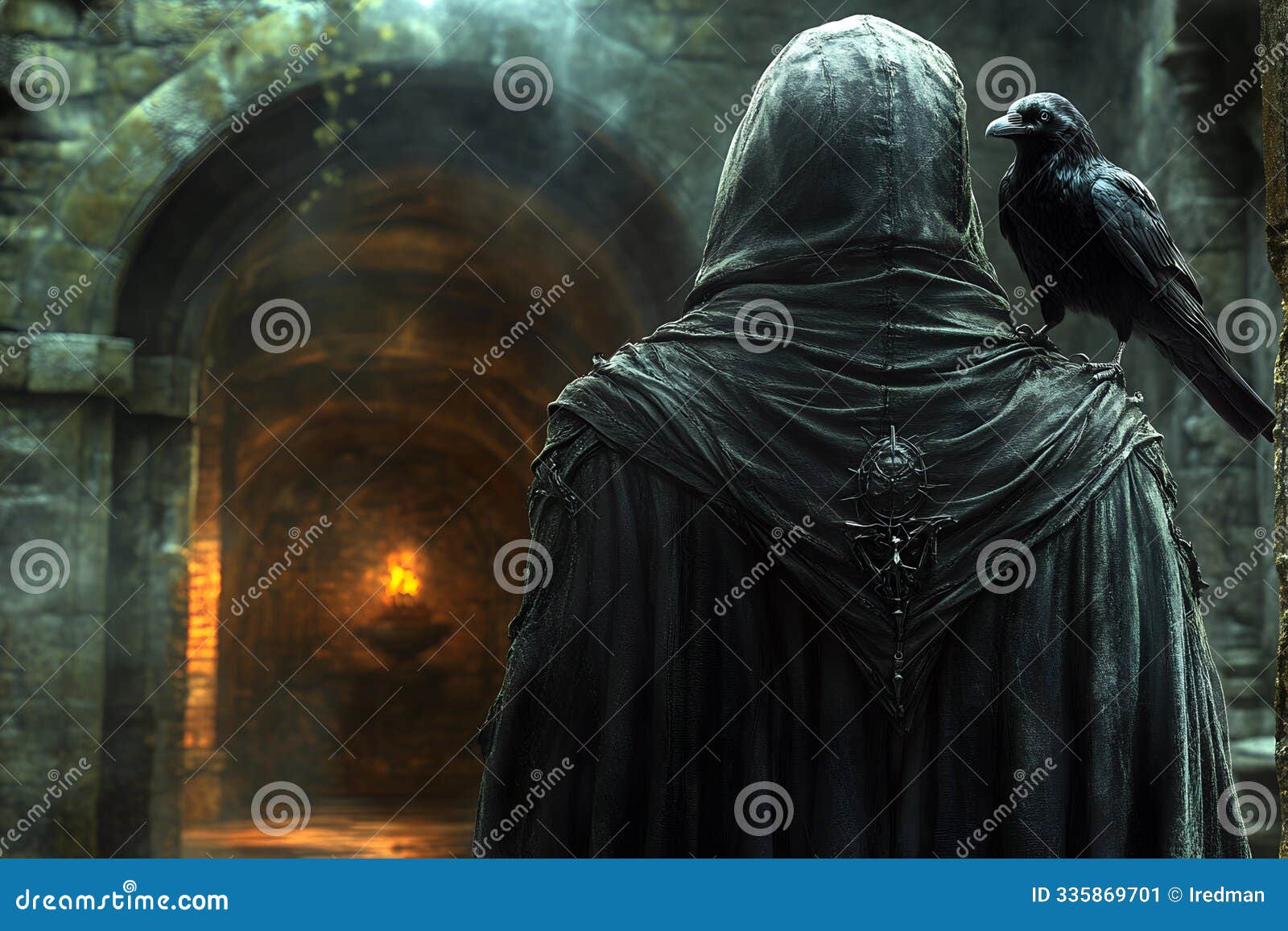 medieval sorcerer with a raven on his shoulder