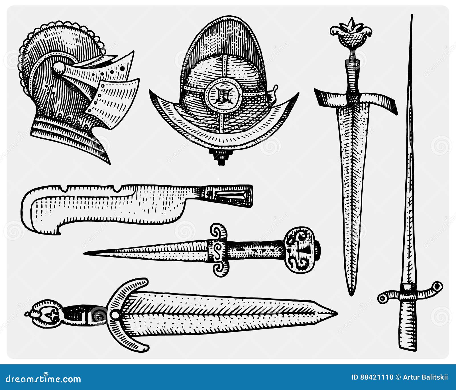 Medieval Symbols, Helmet and Swords, Knife Vintage, Engraved Hand Drawn in  Sketch or Wood Cut Style, Old Looking Retro Stock Vector - Illustration of  battle, design: 88421110