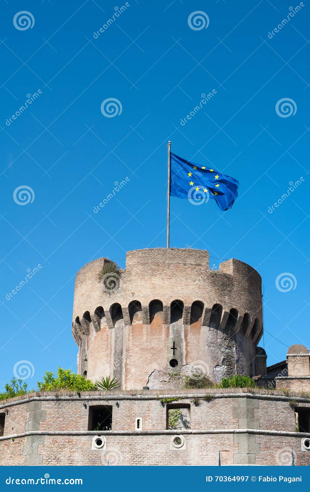 Medieval Tower with Blue European Flag on Top Stock Image - Image of