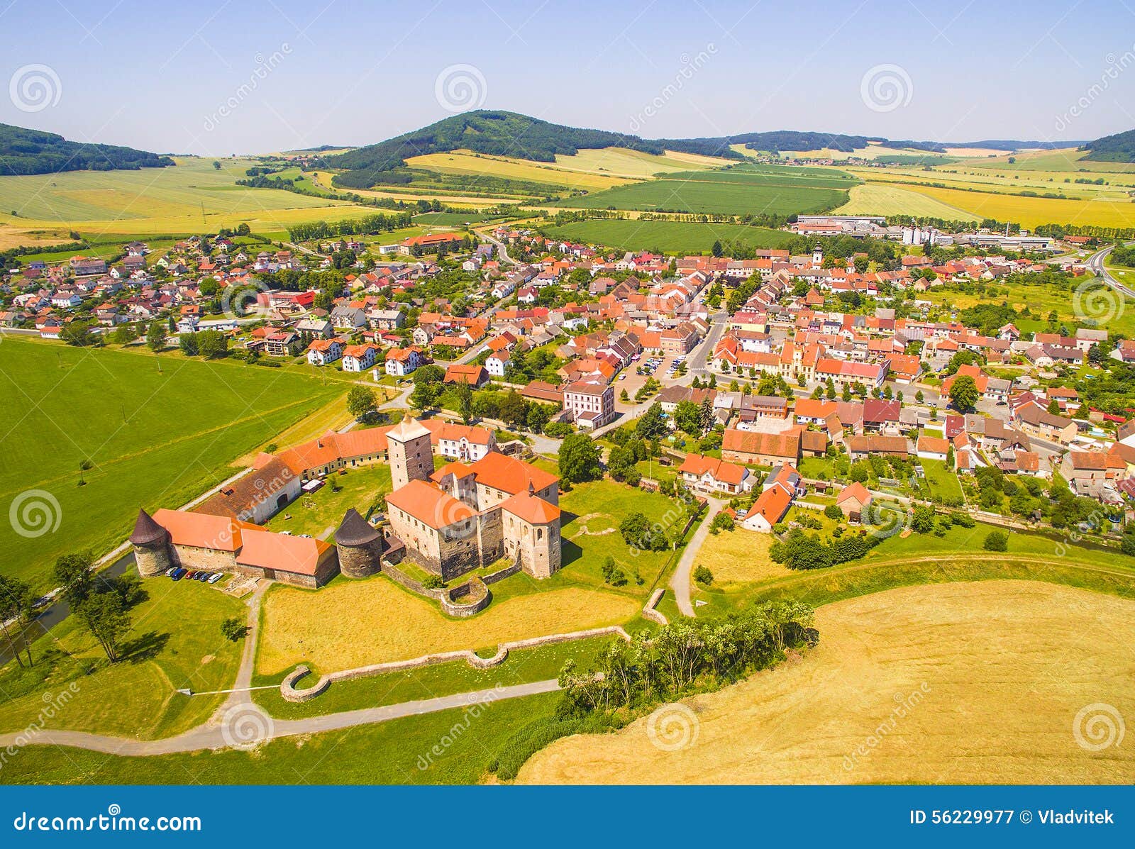 Medieval town. Aerial view of gothic castle Svihov with medieval town in Czech Republic. Central Europe.