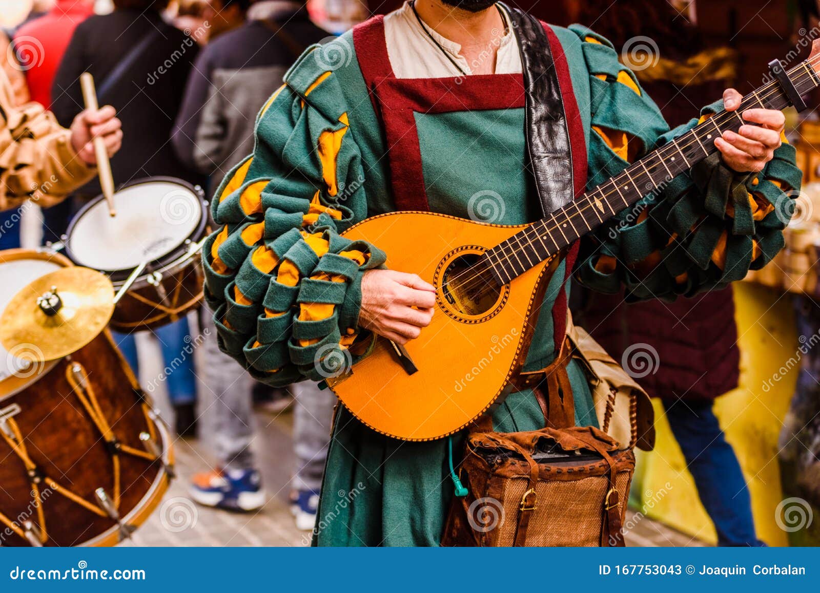 Medieval Troubadour Playing An Antique Guitar Stock Image - Image of