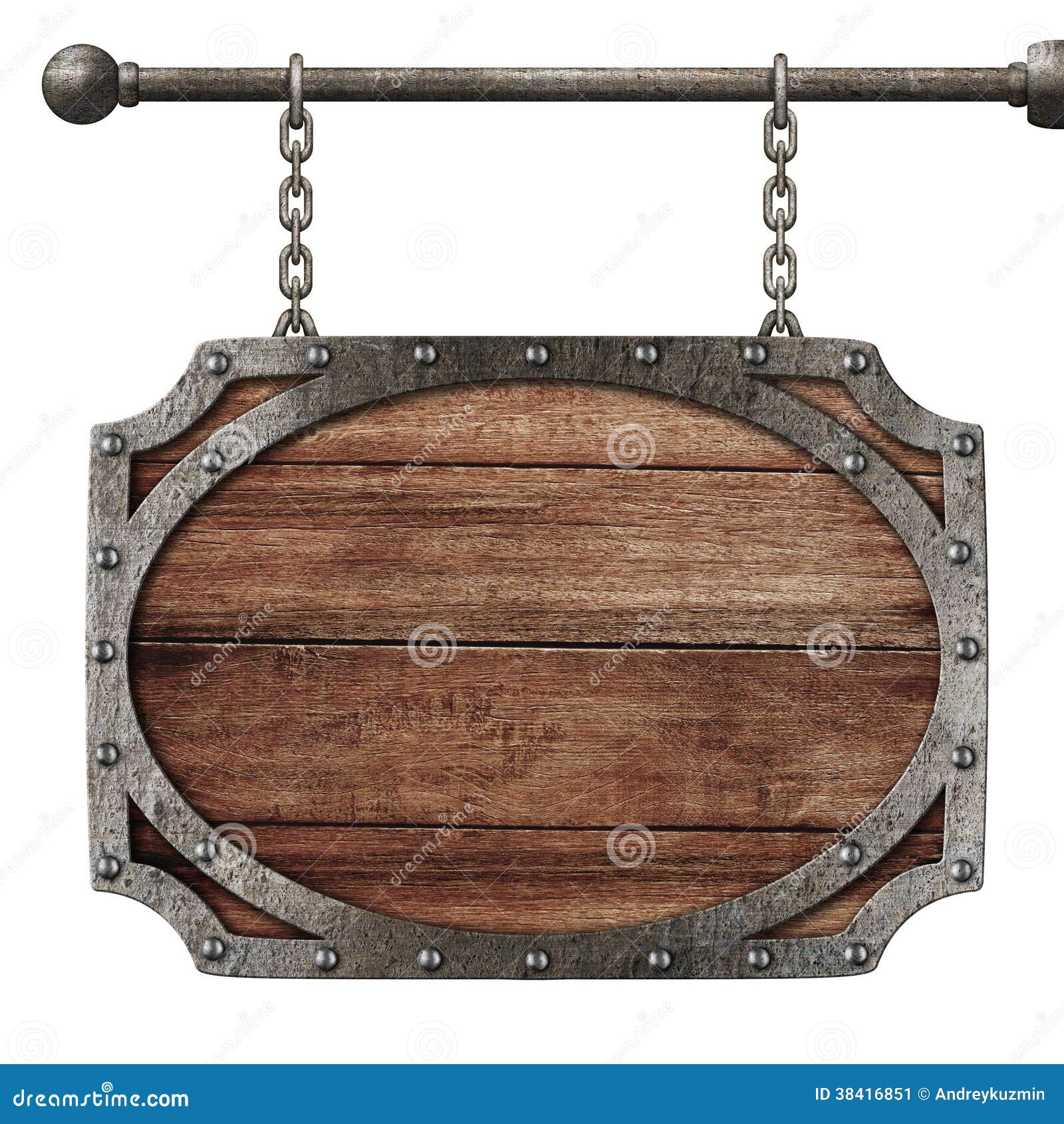 medieval wooden sign hanging on chains 