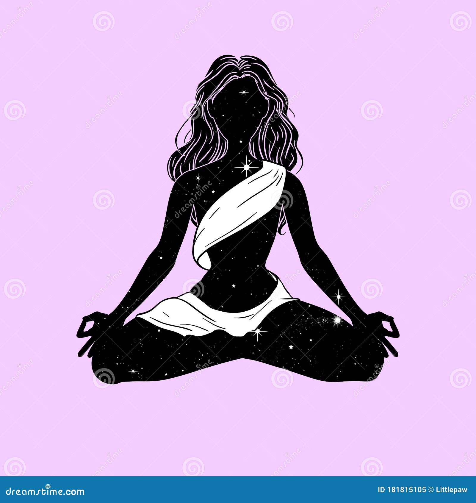 meditating yogi woman in lotus pose, space with stars, esoteric image .  