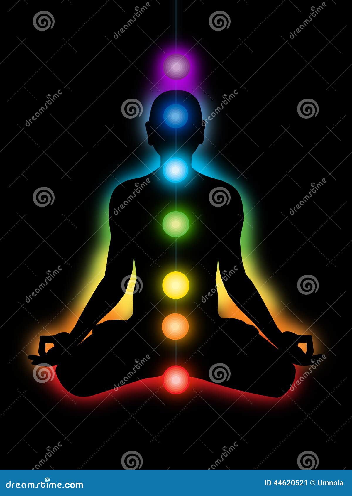 Meditation, chakras. Schöne Illustration des menschlichen Körpers, der in der Meditation sitzt