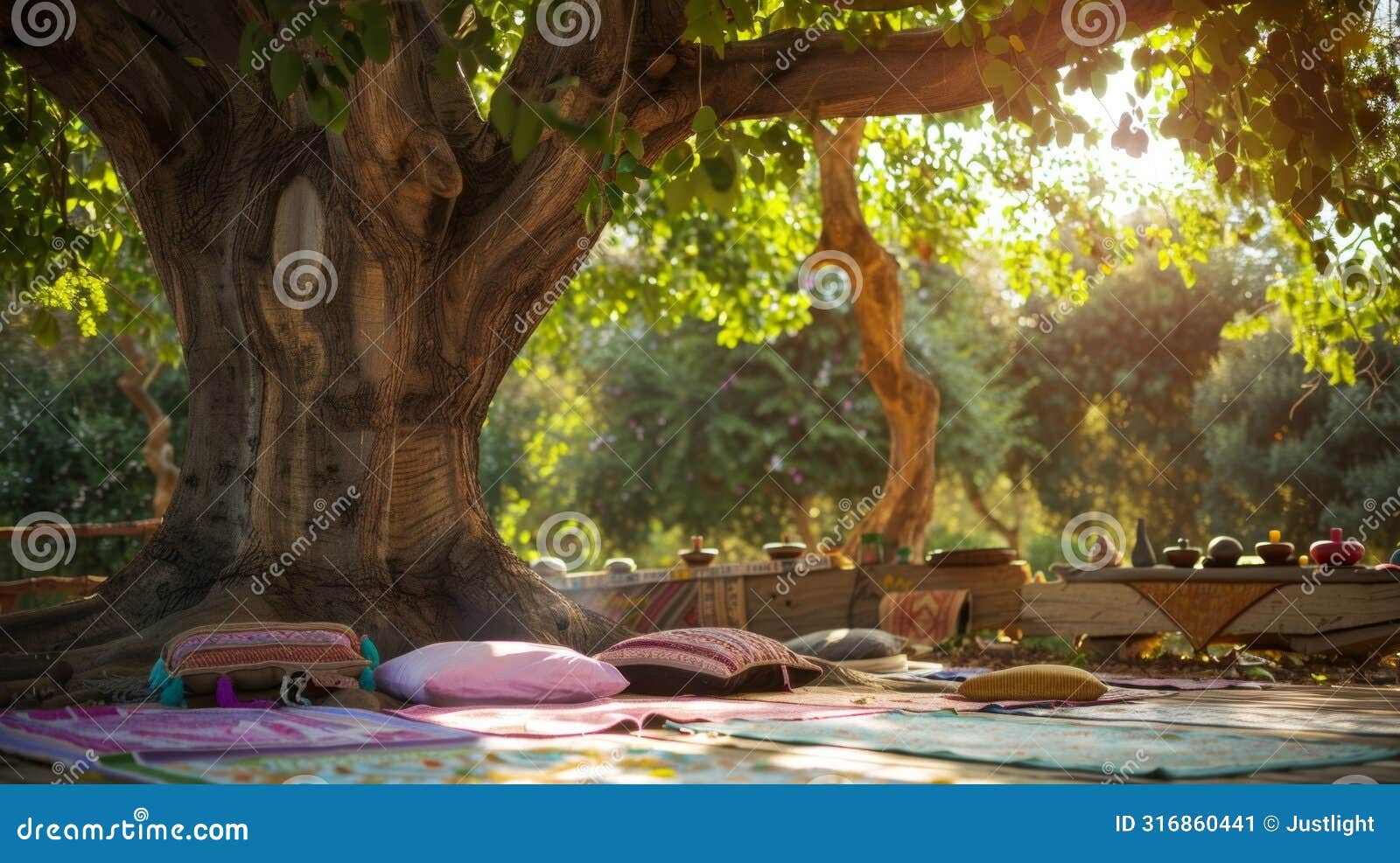 a meditation session taking place under a large tree surrounded by uplifting messages and positive affirmations