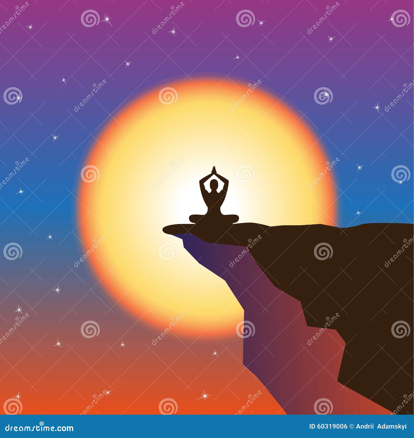 Meditation and Sunset at Mountain Top. Stock Vector Illustration of