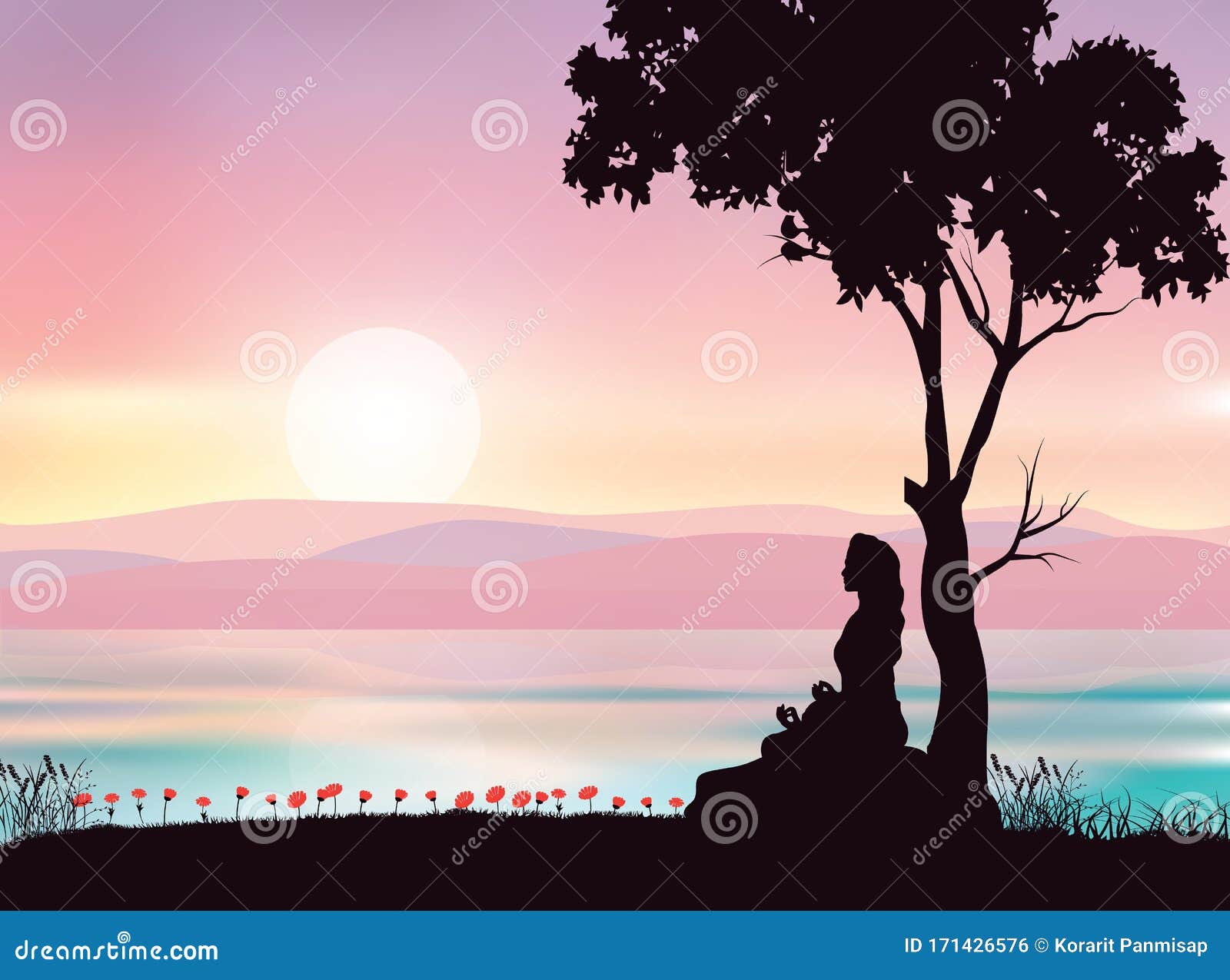 Meditation and Yoga with Beautiful Nature, Vector Illustrations Vector - of romantic, landscape: 171426576