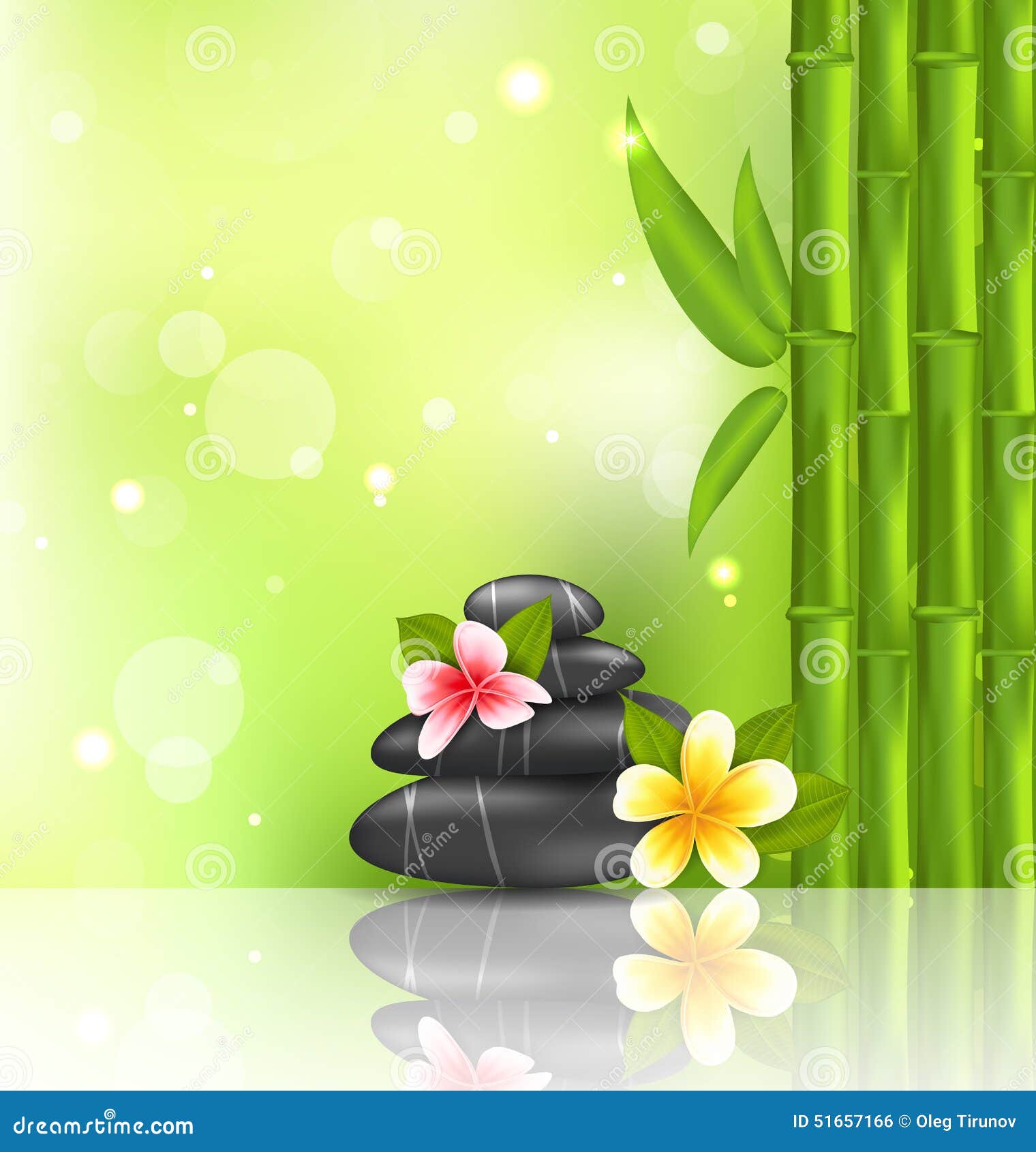 meditative oriental background with frangipani, bamboo and heap