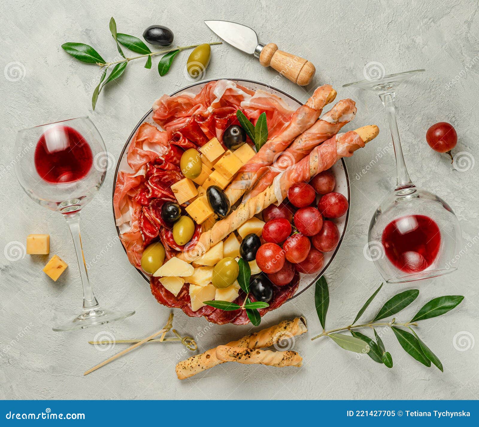 Mediterranean Appetizer Set Platter on Gray Background. Overhead. Stock