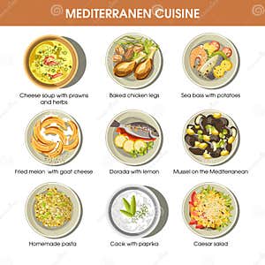 Mediterranean Cuisine Dishes Vector Icons Set For Restaurant Menu Stock Mediterranean Cuisine Dishes Vector Icons Set For Restaurant Menu Stock