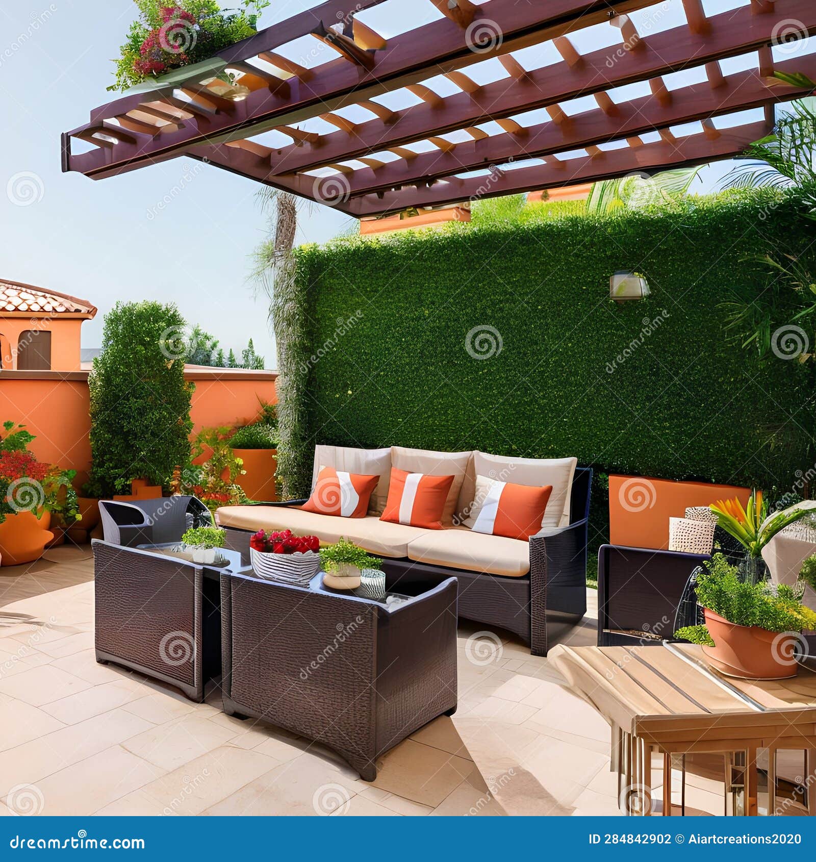 Mediterranean Getaway: a Sunny Terrace with Terracotta Tiles, Wrought ...