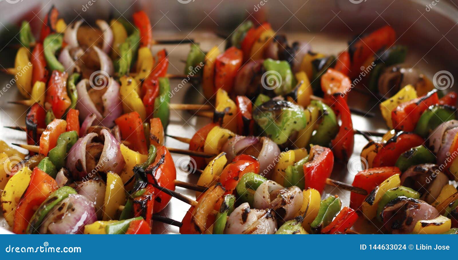 mediterranean grilled vegetable skewers in a serving dish