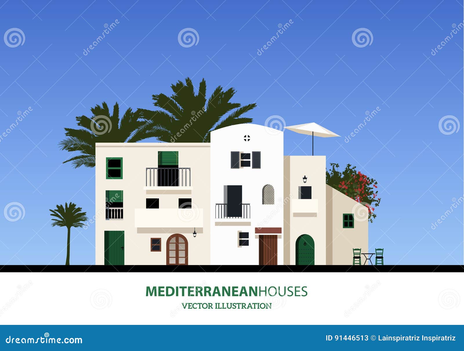 mediterranean houses, palms and blue sky bakground.