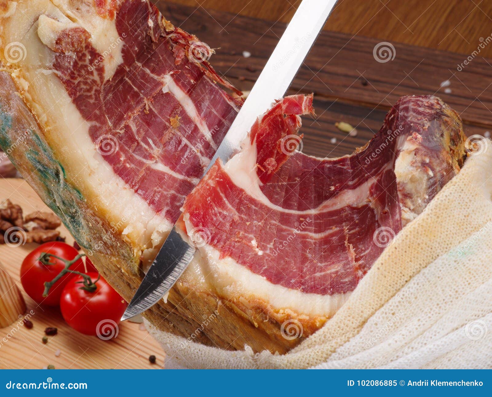 Jamon Slicing And Tomatoes Traditional Spanish Meat Delicious Mediterranean Delicacy Stock