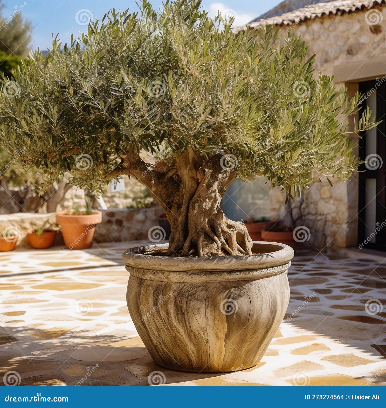 Mediterranean Style Olive Tree Pot. Generative AI Stock Illustration