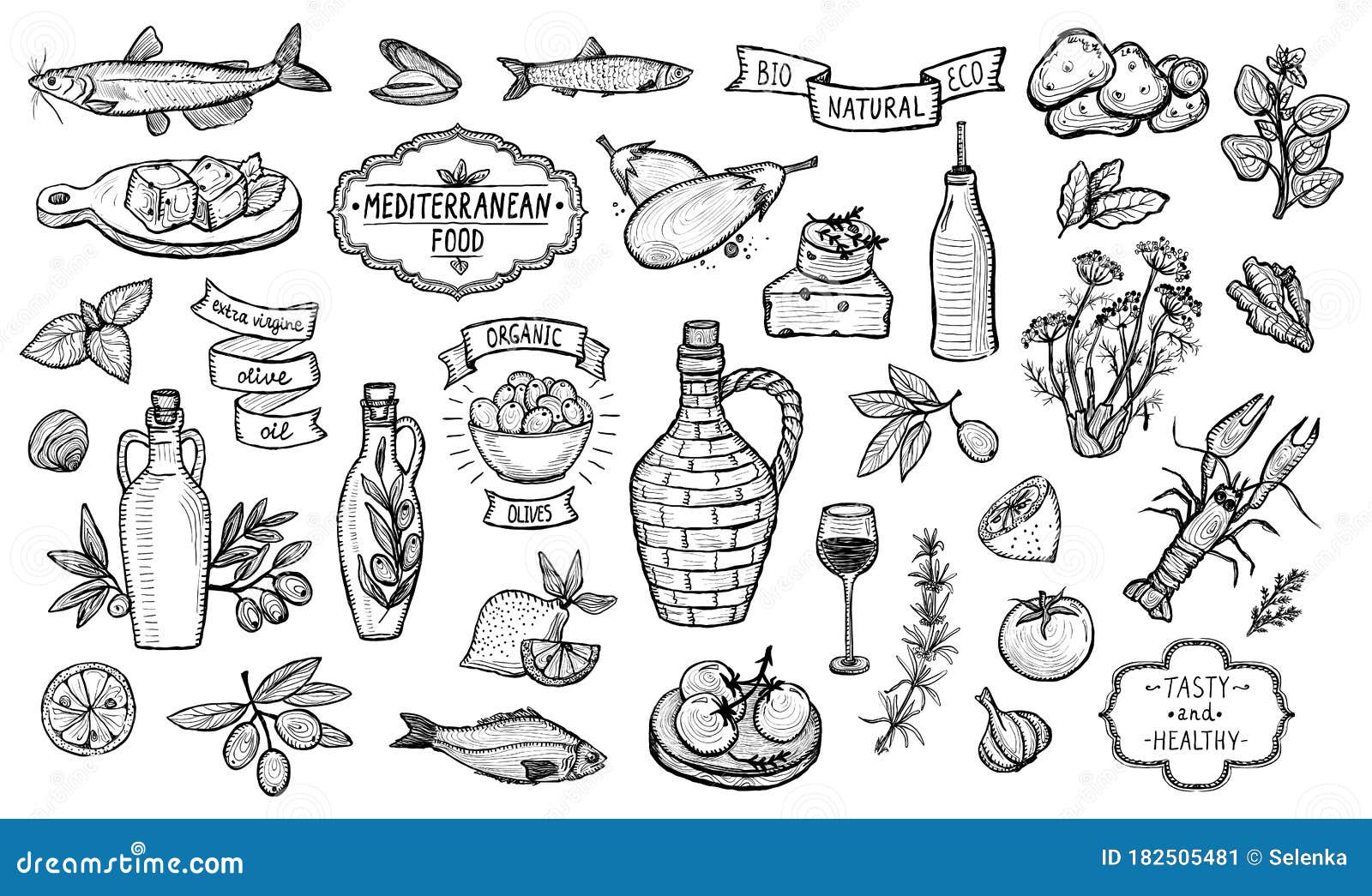 mediterranean traditional food collection, graphic  