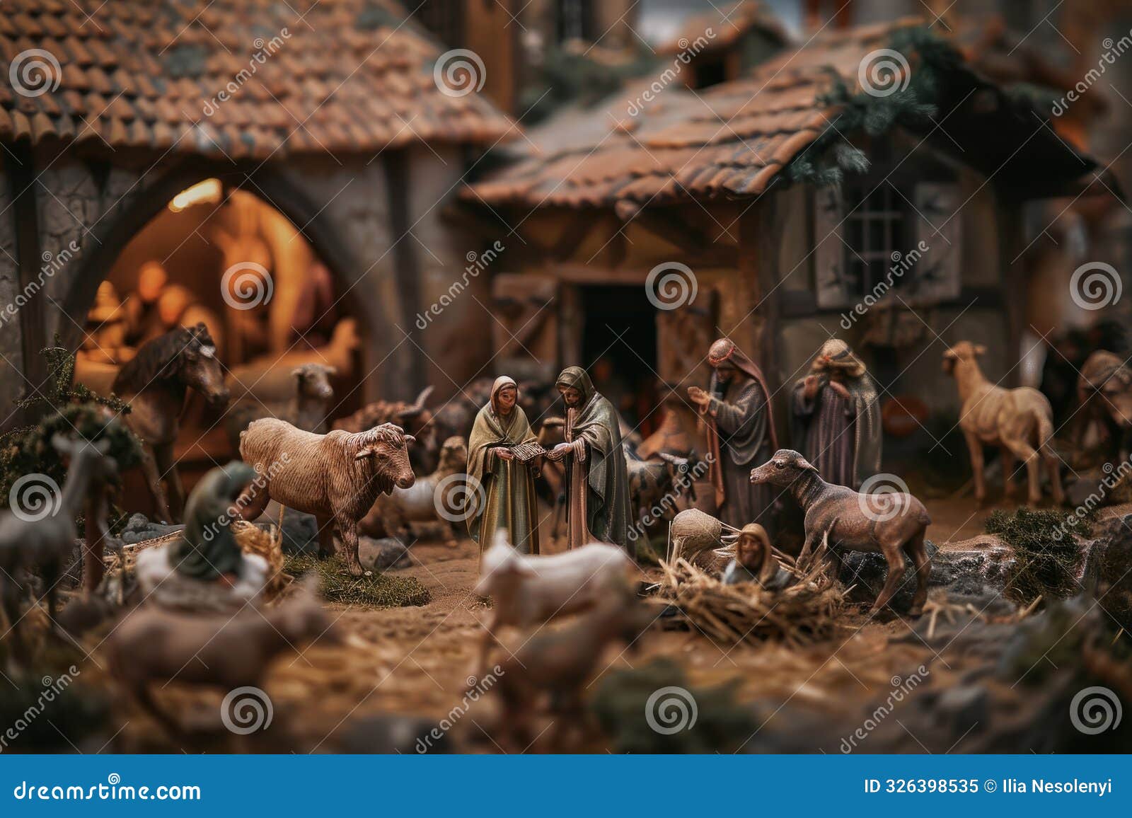 a medium-angle shot showing a nativity scene with figurines of people and animals depicting the birth of jesus