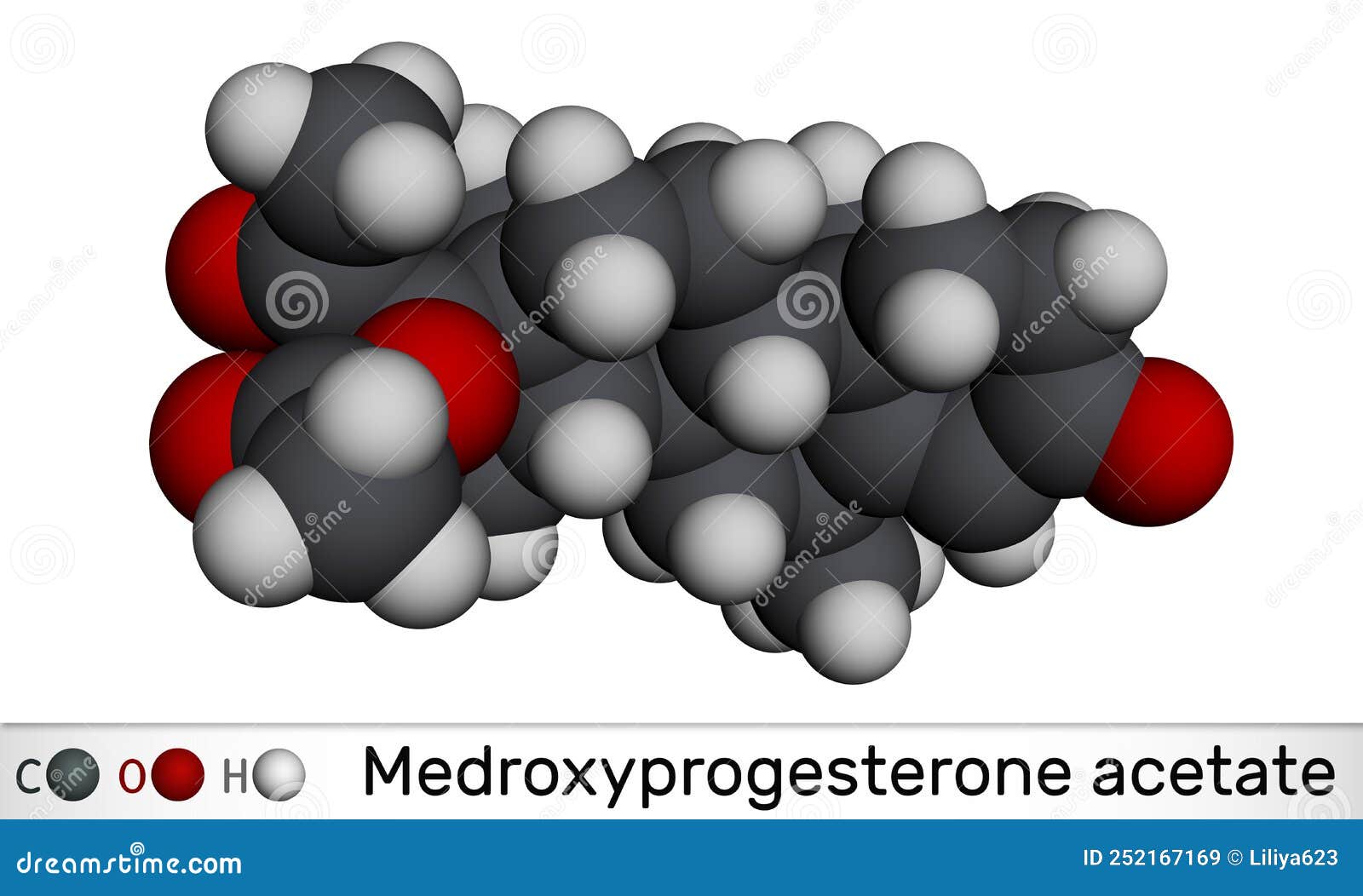 medroxyprogesterone acetate, mpa, depot medroxyprogesterone acetate, dmpa molecule. it is progestin hormone drug. molecular model