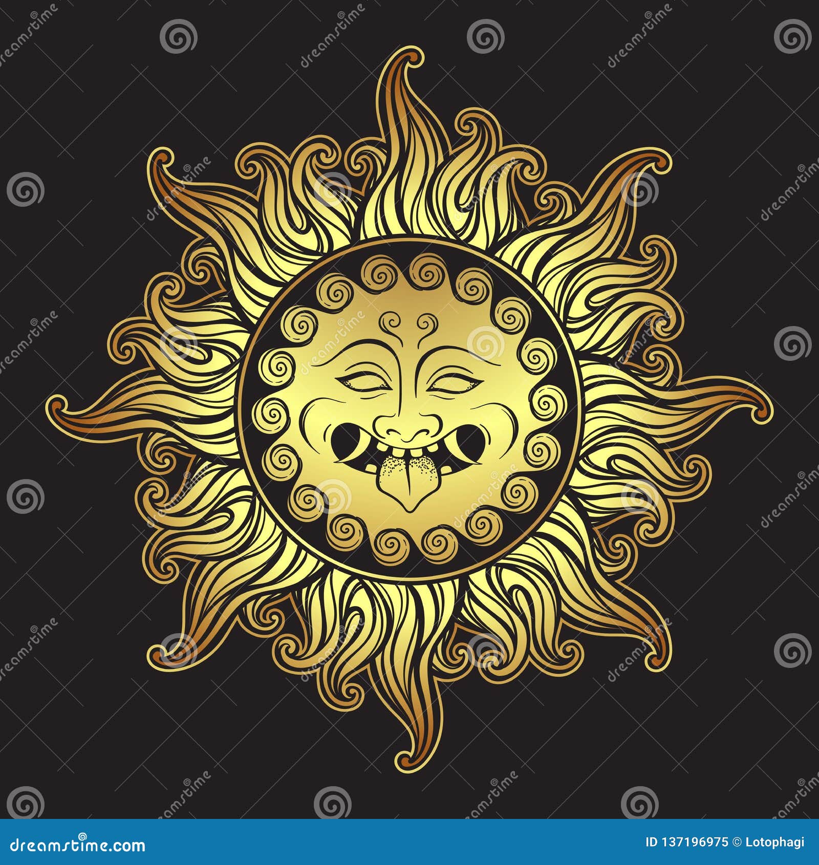 medusa gorgon golden head in flame hand drawn line art and dot work print    . gorgoneion is a