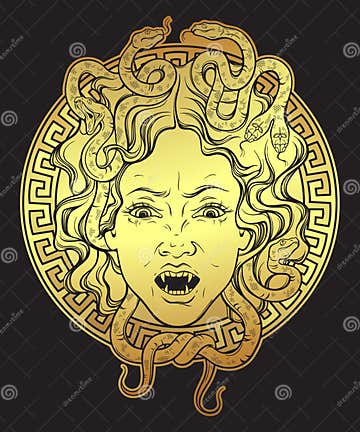 Medusa Gorgon Golden Head on a Shield Hand Drawn Line Art Print Design ...