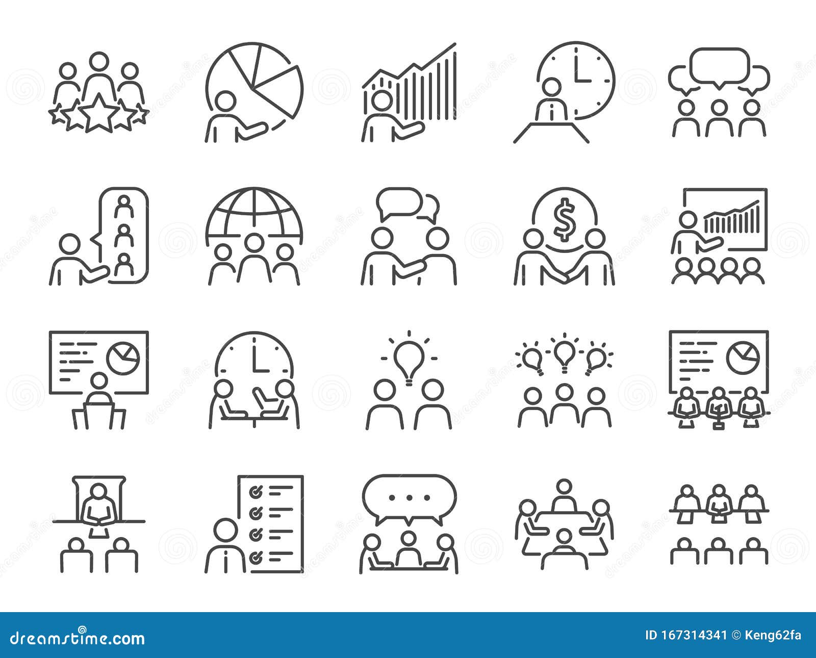 meeting line icon set. included icons as meeting room, team, teamwork, presentation, idea, brainstorm and more.