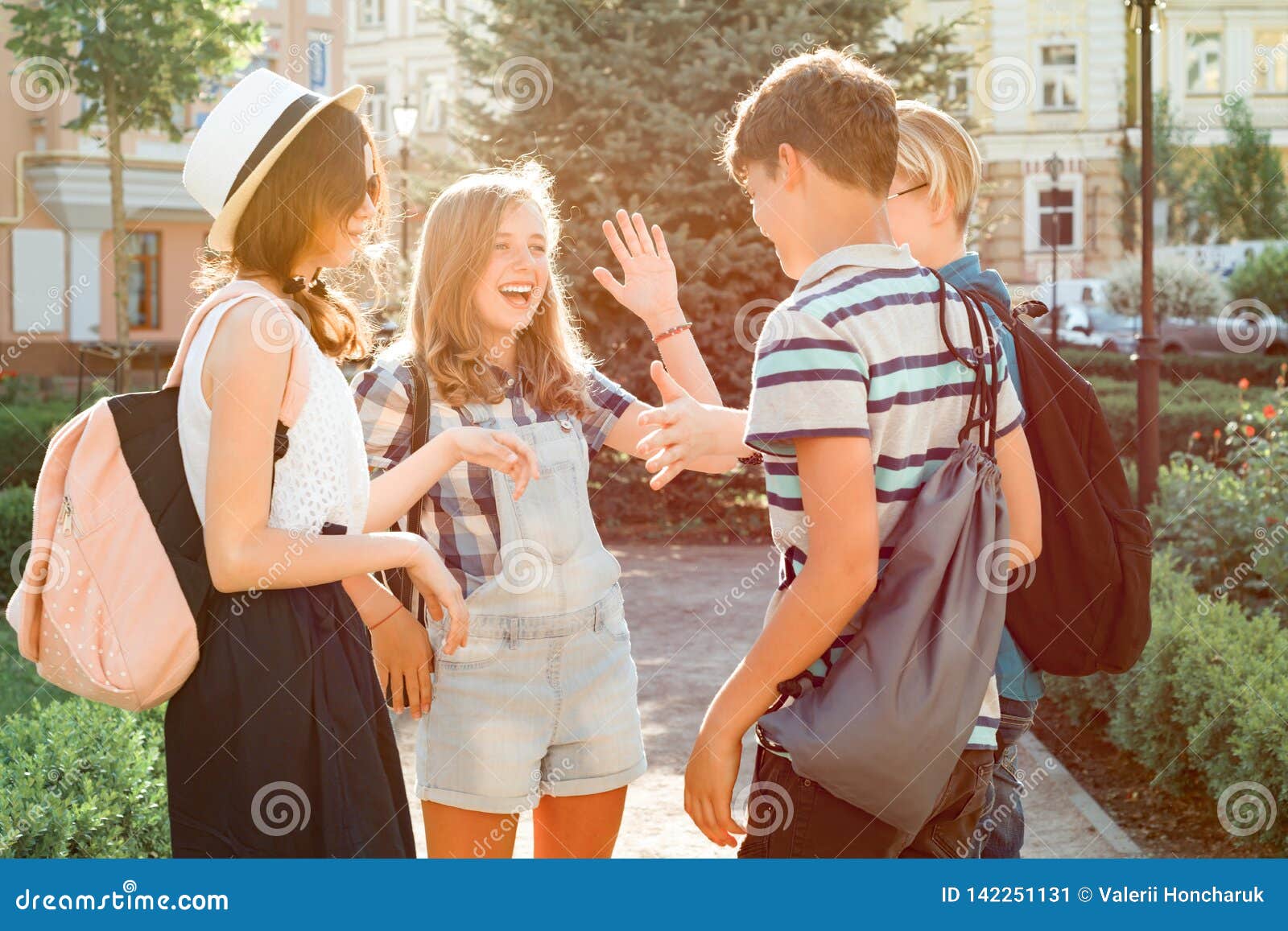 Meeting Smiling Friends Teenagers in the City, Happy Young People