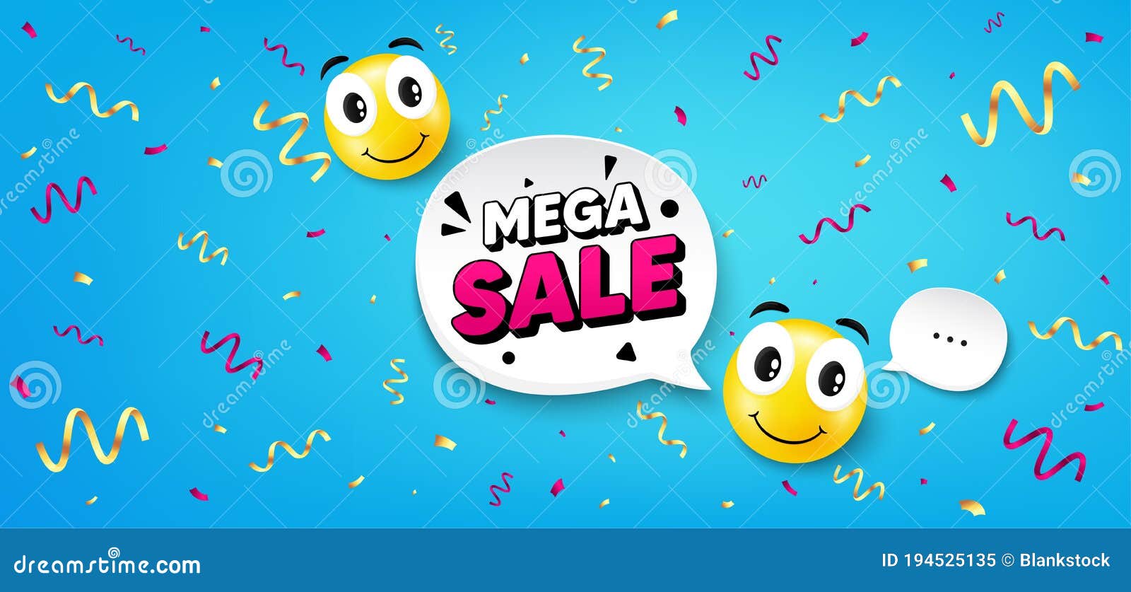Het spijt me Poging lippen Mega Sale Smile Face Background. Funny Face Emotion. Round Cartoon Smiley  Confetti Banner. Vector Stock Vector - Illustration of blue, confetti:  194525135