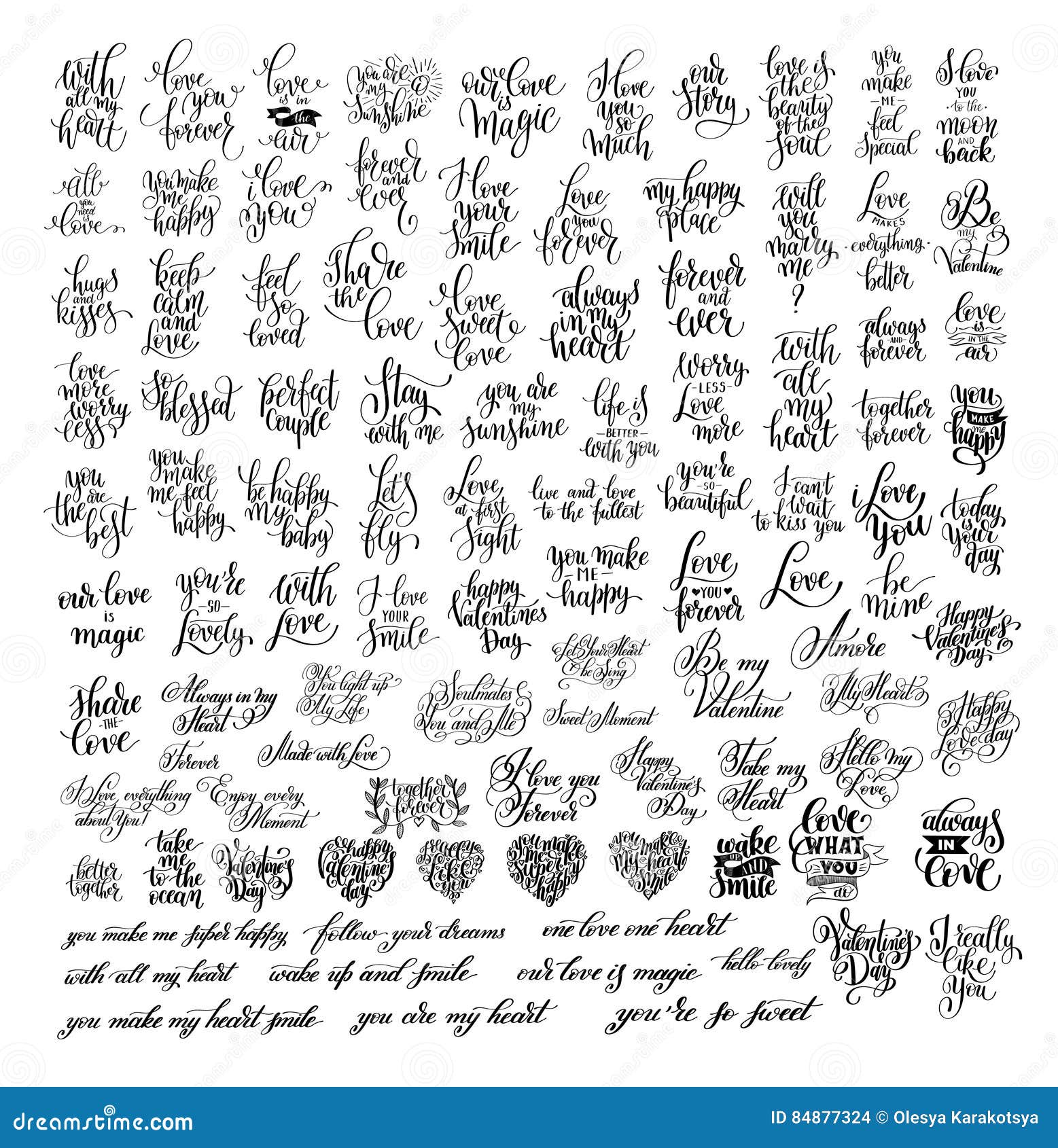 mega set of 100 black and white hand written lettering about love