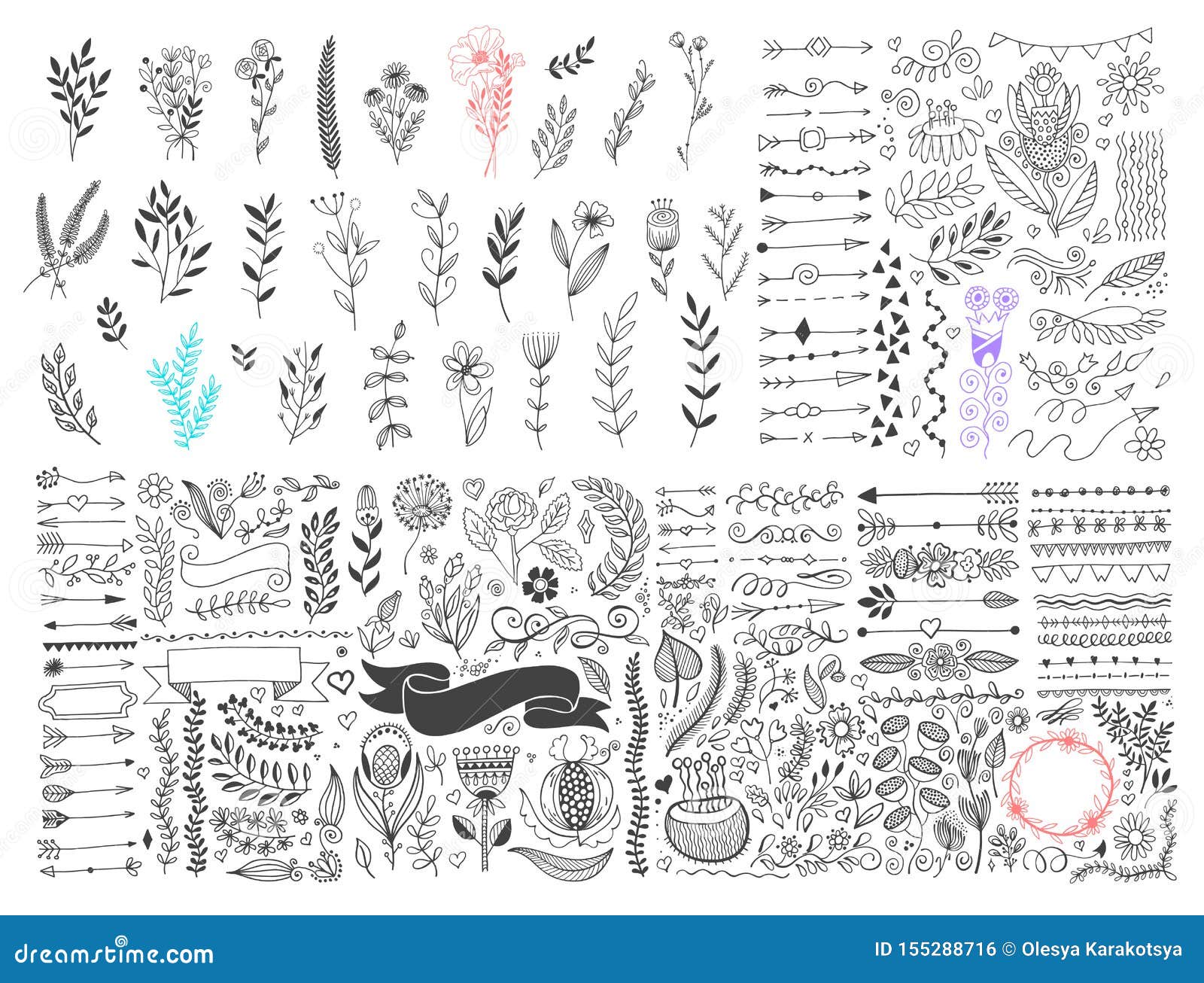 mega set of hand drawing page dividers borders and arrow, doodle floral  