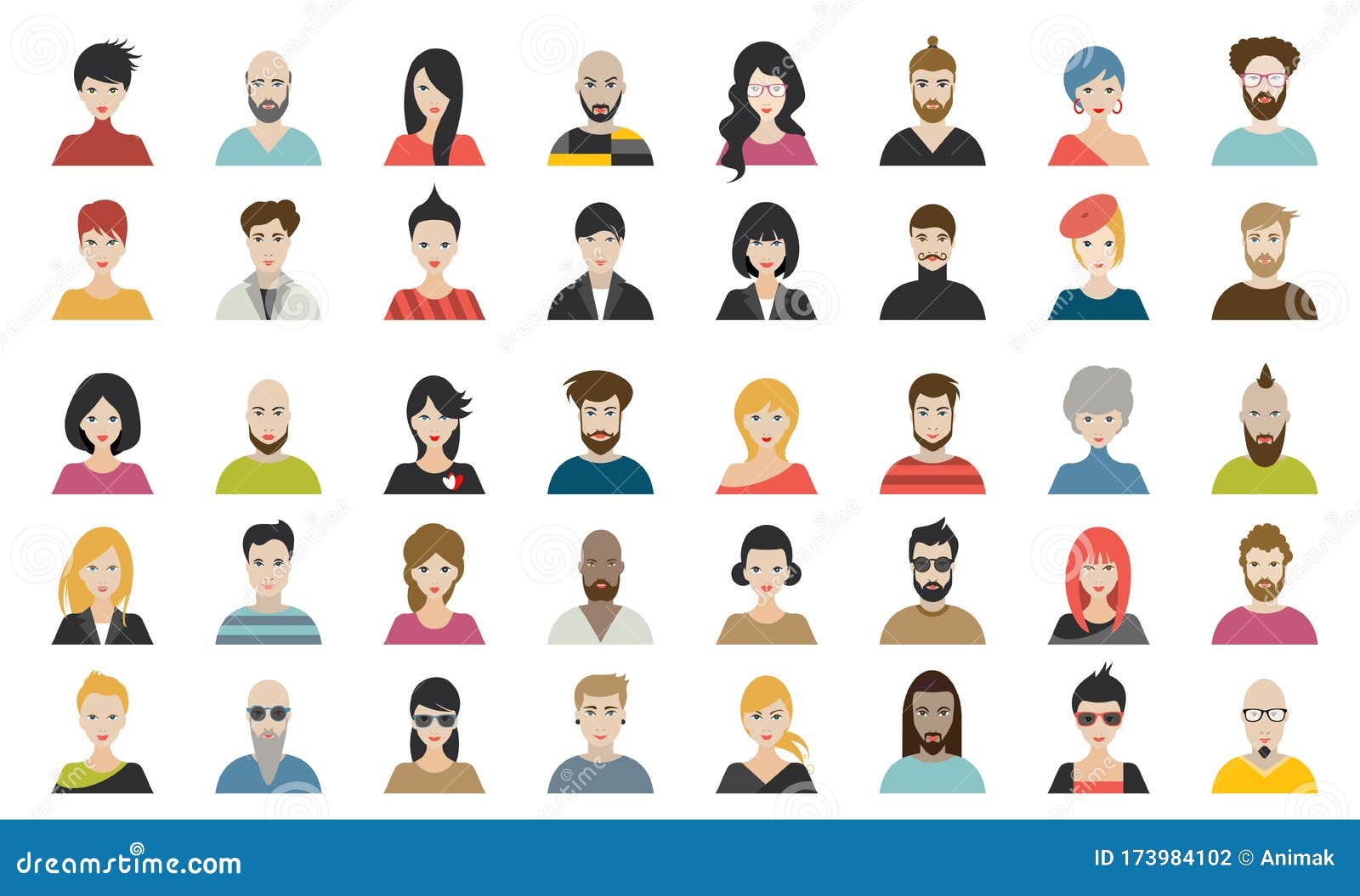 mega set of persons, avatars, people heads  different nationality in flat style.