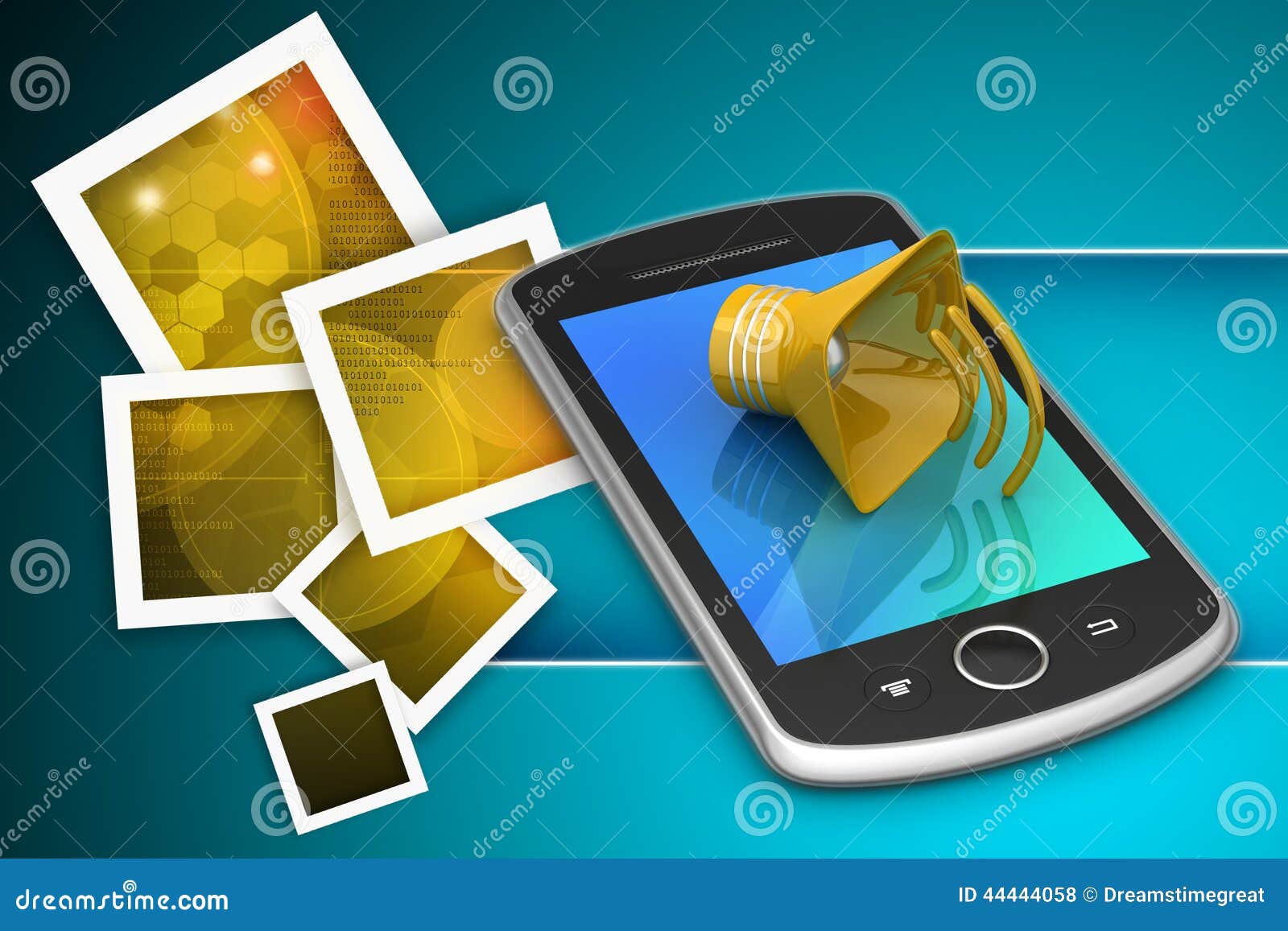 Megaphone with smart phone stock illustration. Illustration of