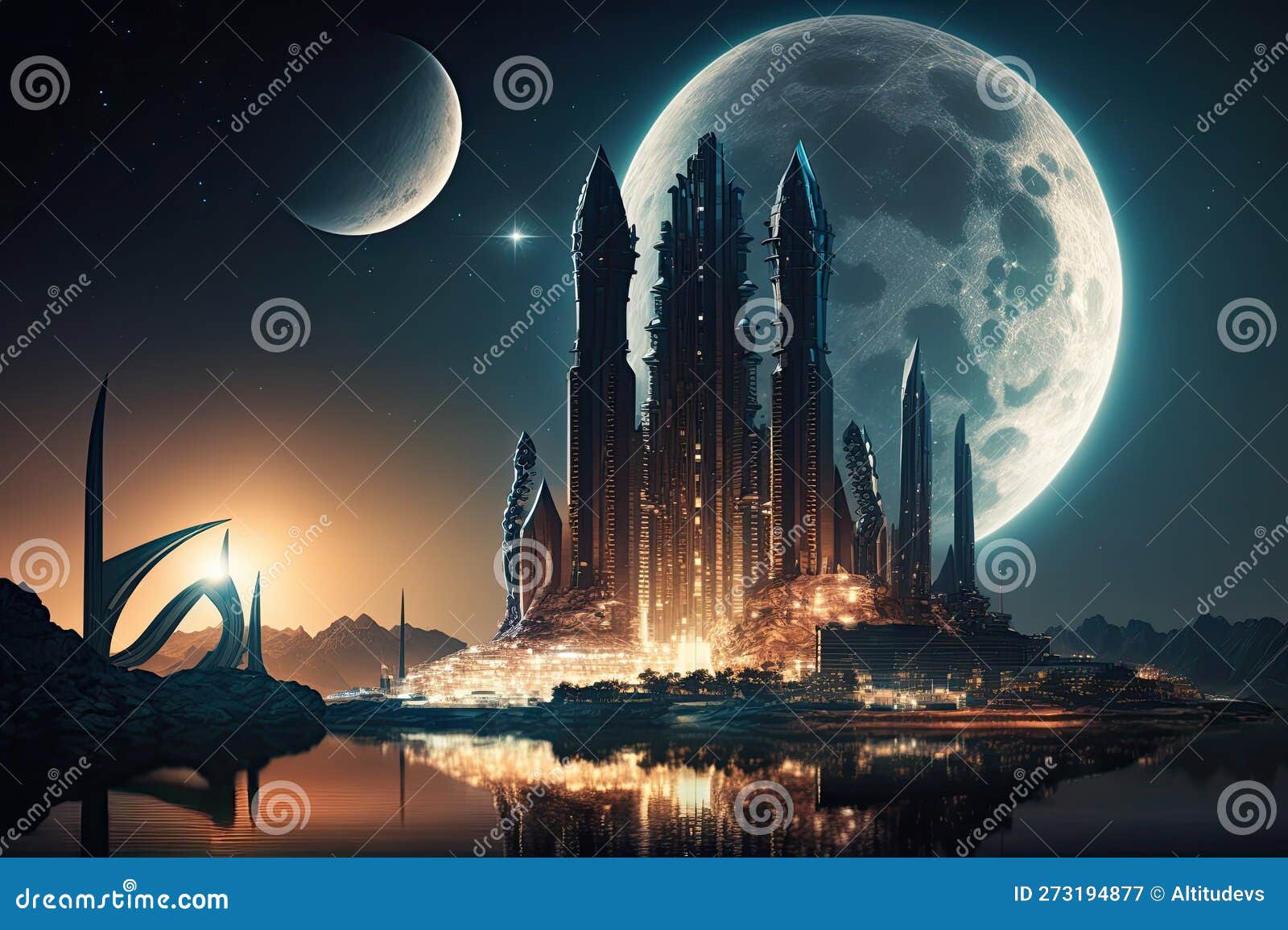 megaproject, with the city's skyscrapers and monuments illuminated by night, against silhouette of moon