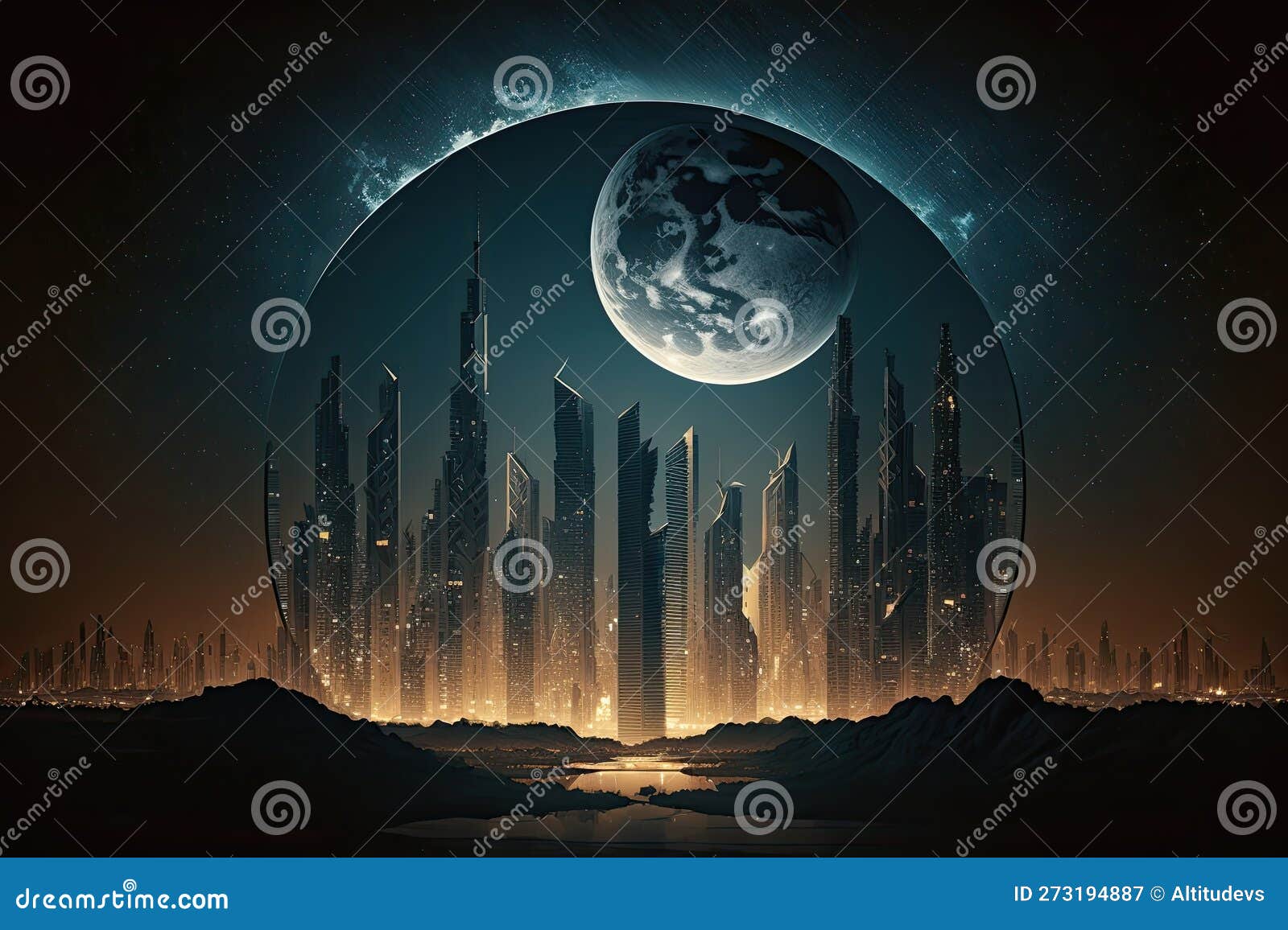 megaproject, with the city's skyscrapers and monuments illuminated by night, against silhouette of moon