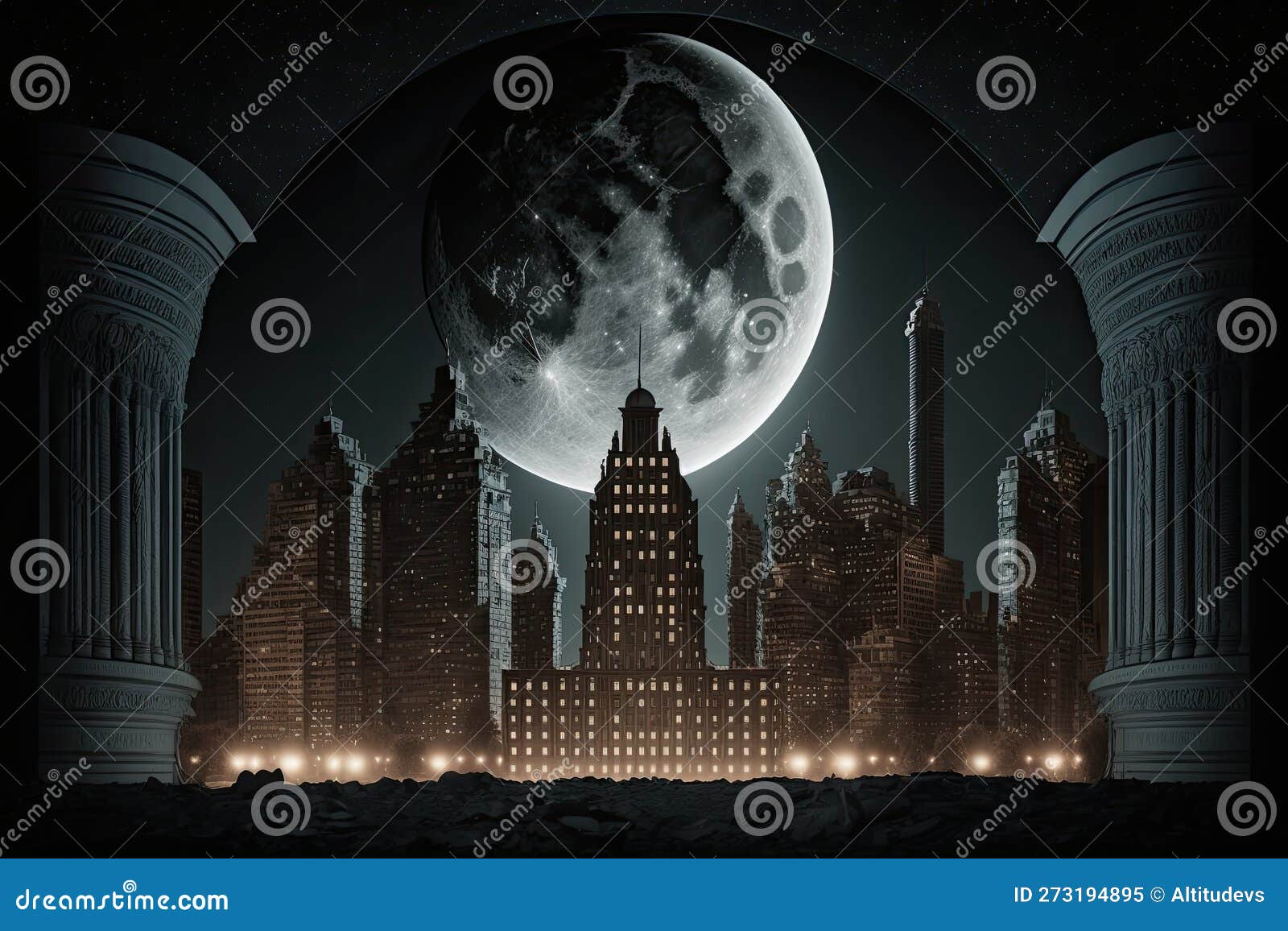 megaproject, with the city's skyscrapers and monuments illuminated by night, against silhouette of moon