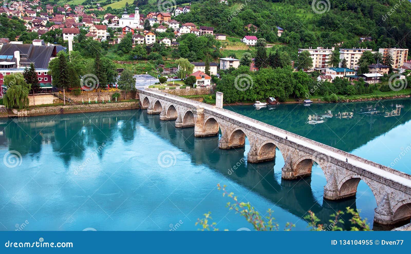 mehmed pasha sokolovic old stone historic bridge over drina river in visegrad,bosnia and herzegovina