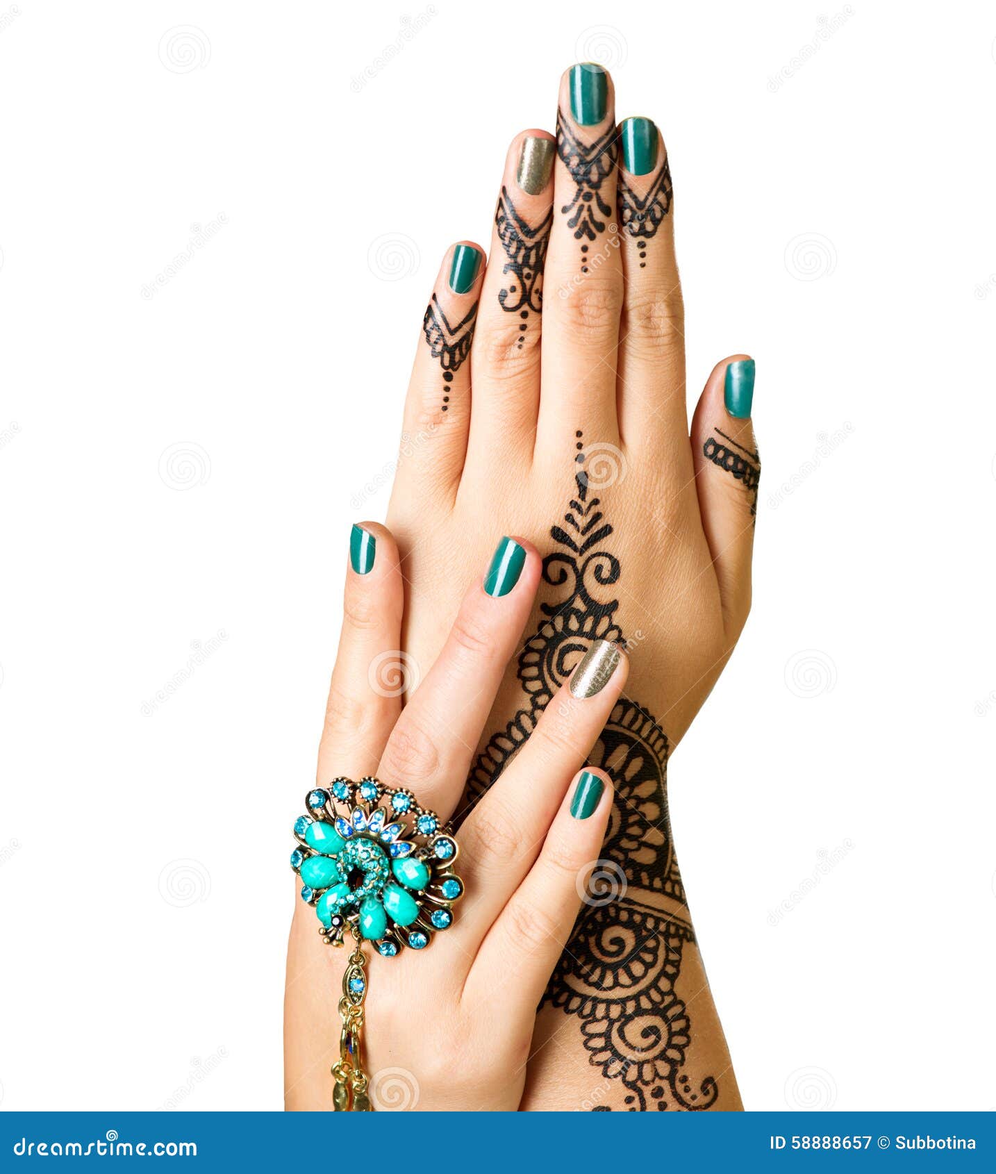 mehndi tattoo  on white. woman hands with black henna tattoo