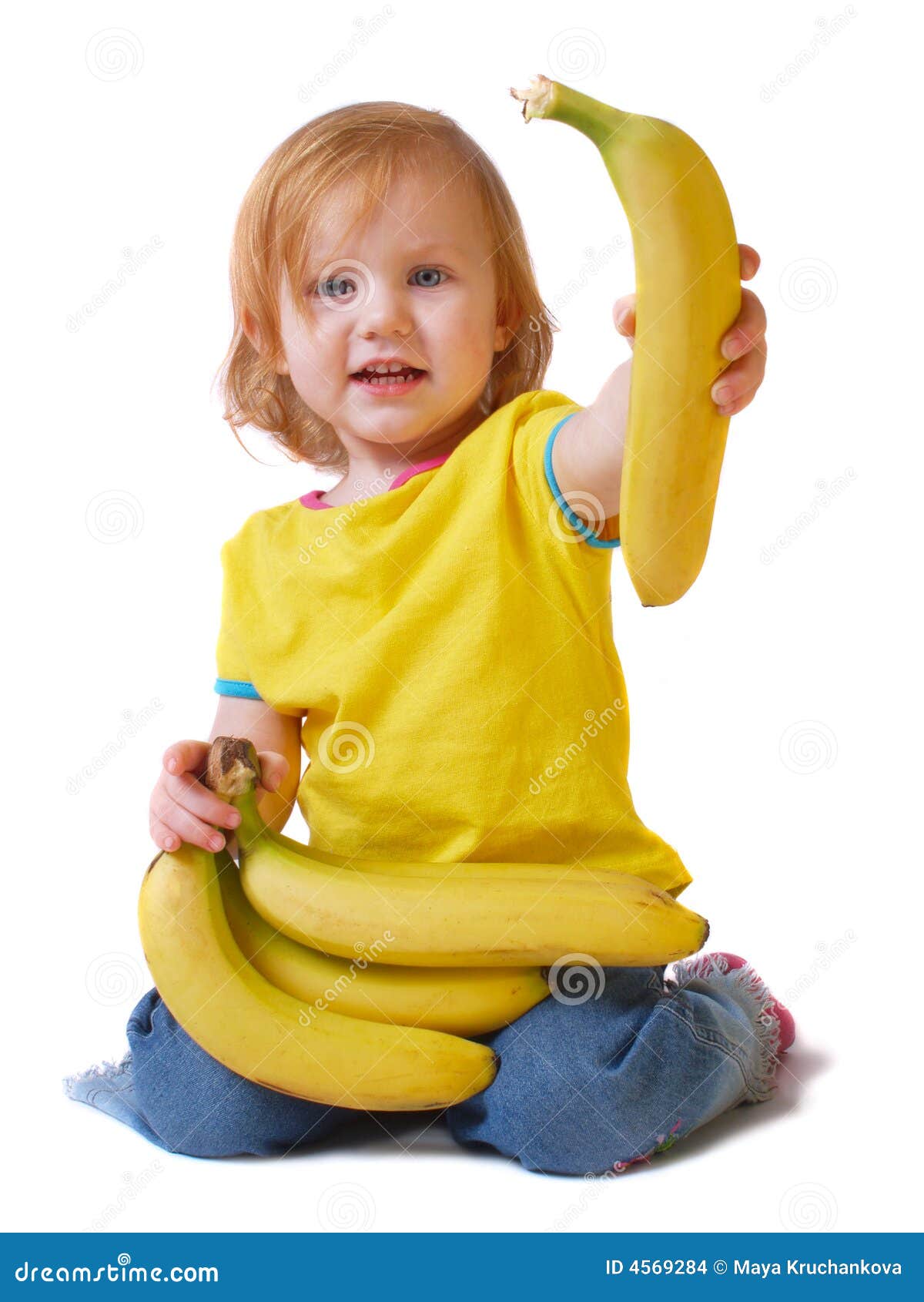 Meisje Met Banaan Dat Op Wit Wordt Geïsoleerdj Stock Foto Image Of Vrolijk Mooi 4569284