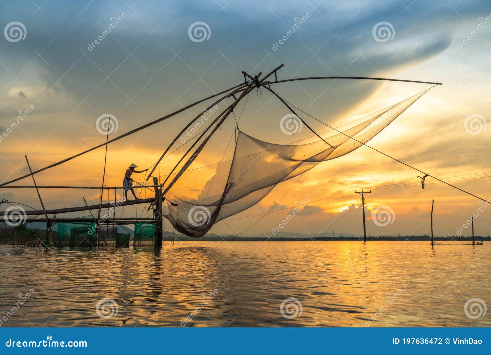 Mekong Delta Landscape with Big Fishing Net in Floating Water