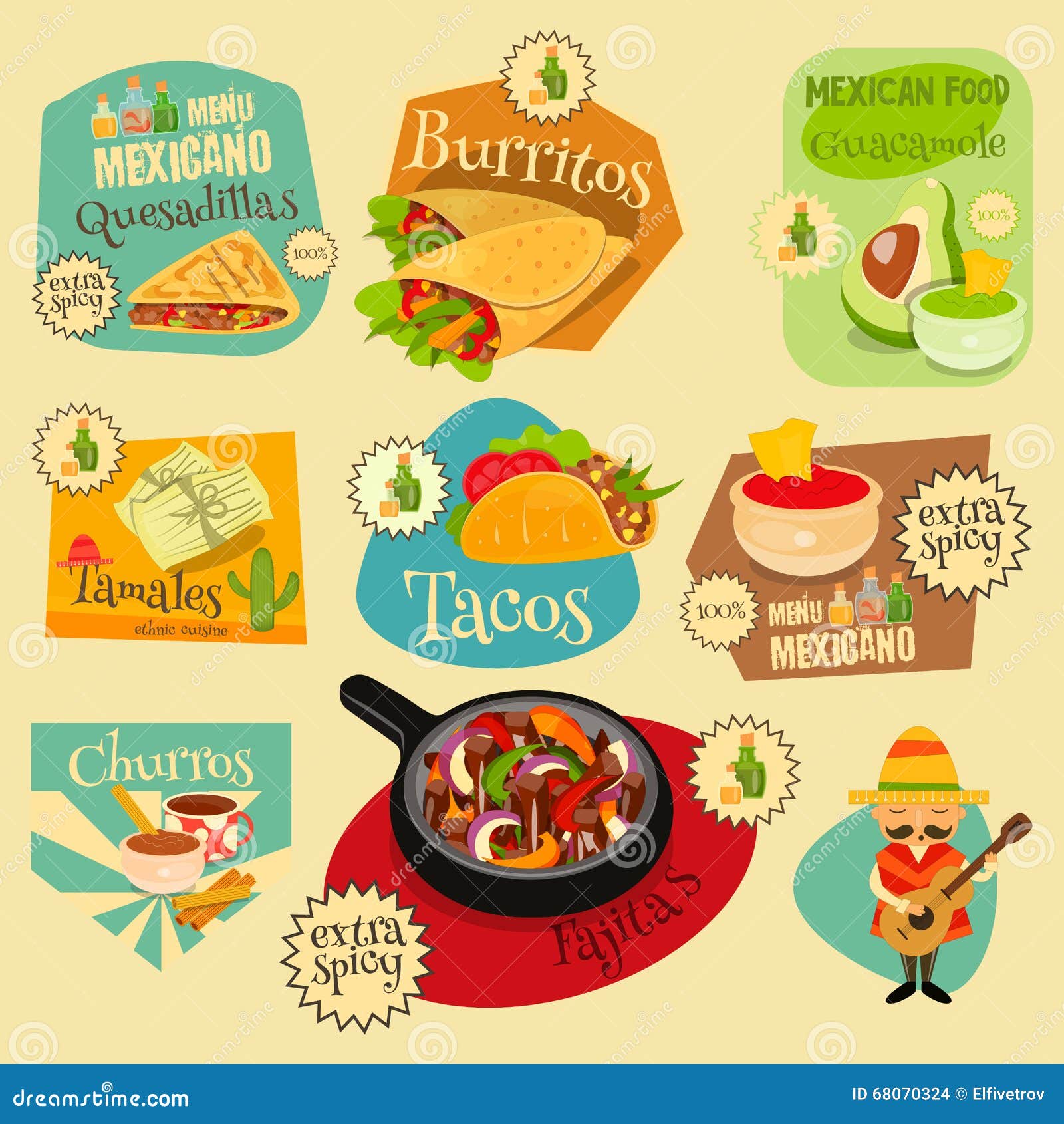 Meksykańskie Jedzenie Etykietki Ustawiać Ilustracja Wektor - Illustration  of czerwień, kolacja: 68070324